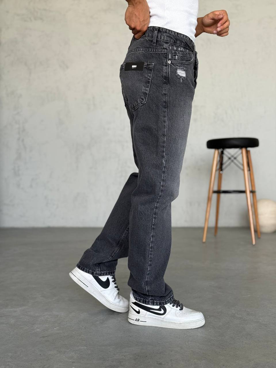 Baggy Koyu Gri Yırtık Detaylı Jean 3325