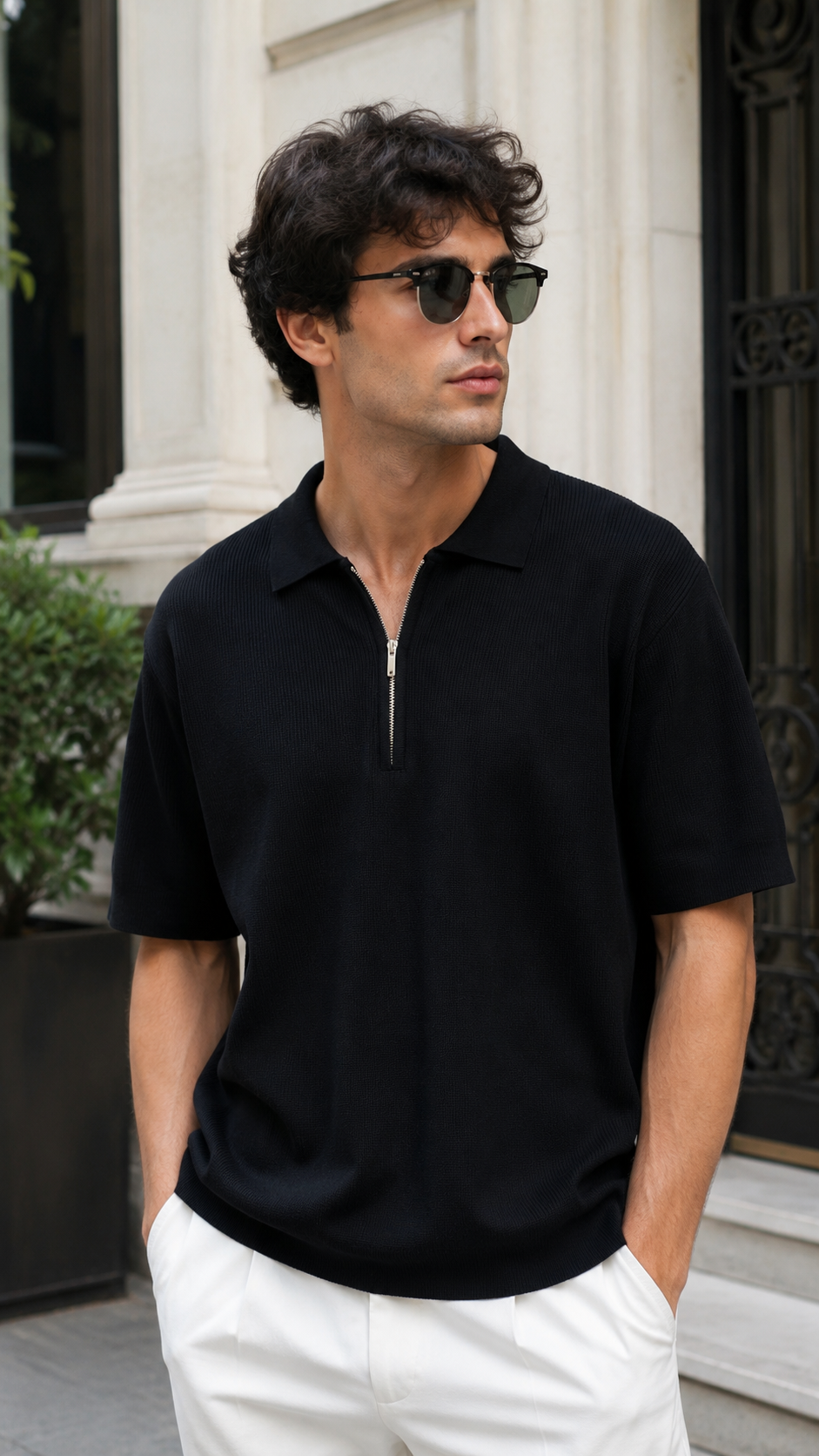 Oversize Yarım Fermuarlı Triko Siyah Tshirt 9428