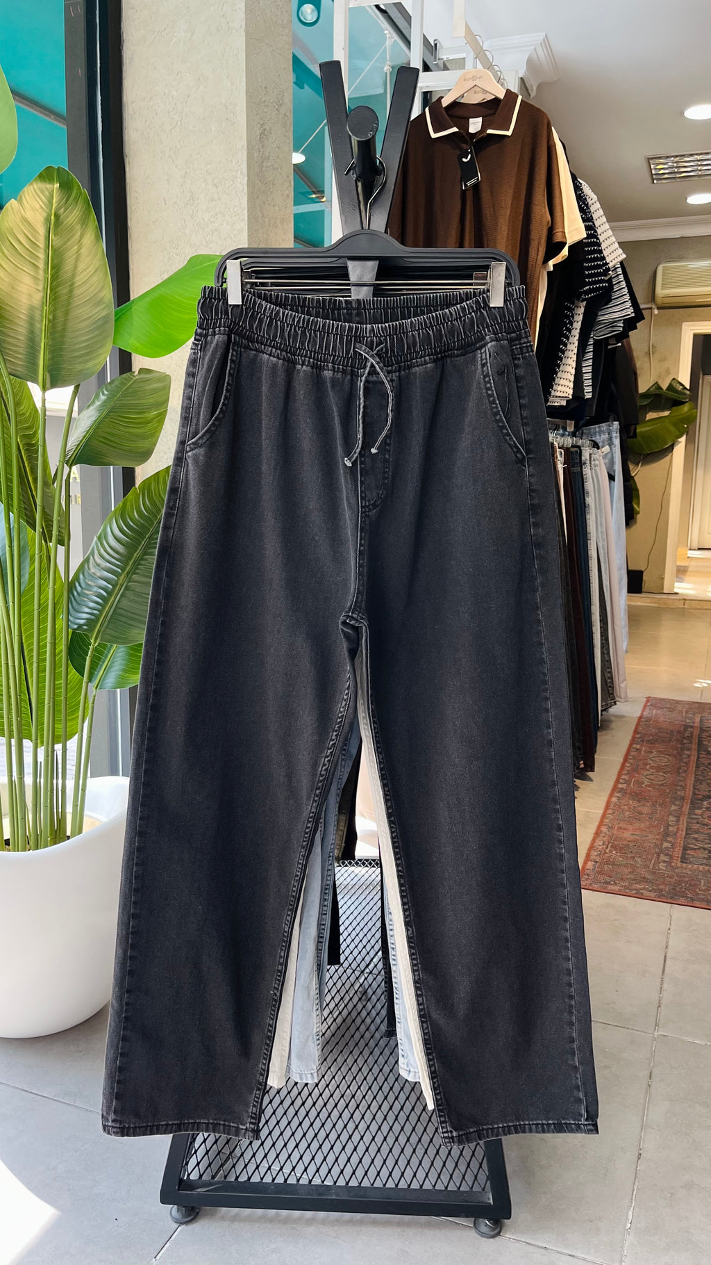 Baggy Siyah Yıkamalı Gabardin Pantolon 6164