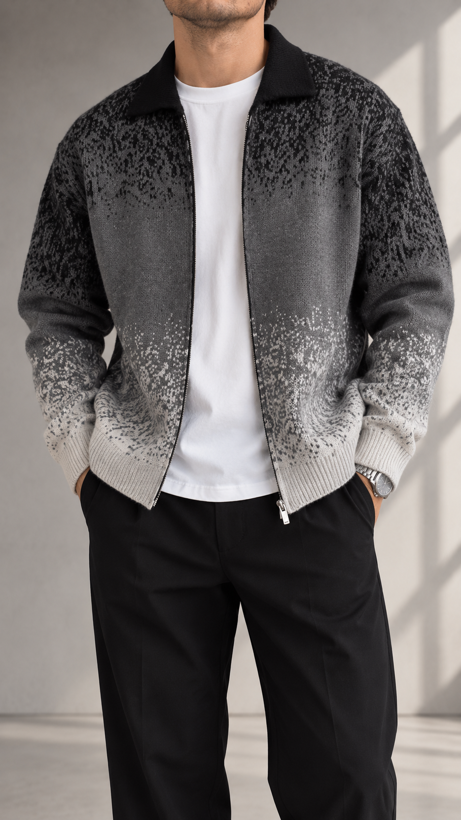 Siyah Gri Geçiş Desenli Çift Fermuarlı Triko Hırka 5129