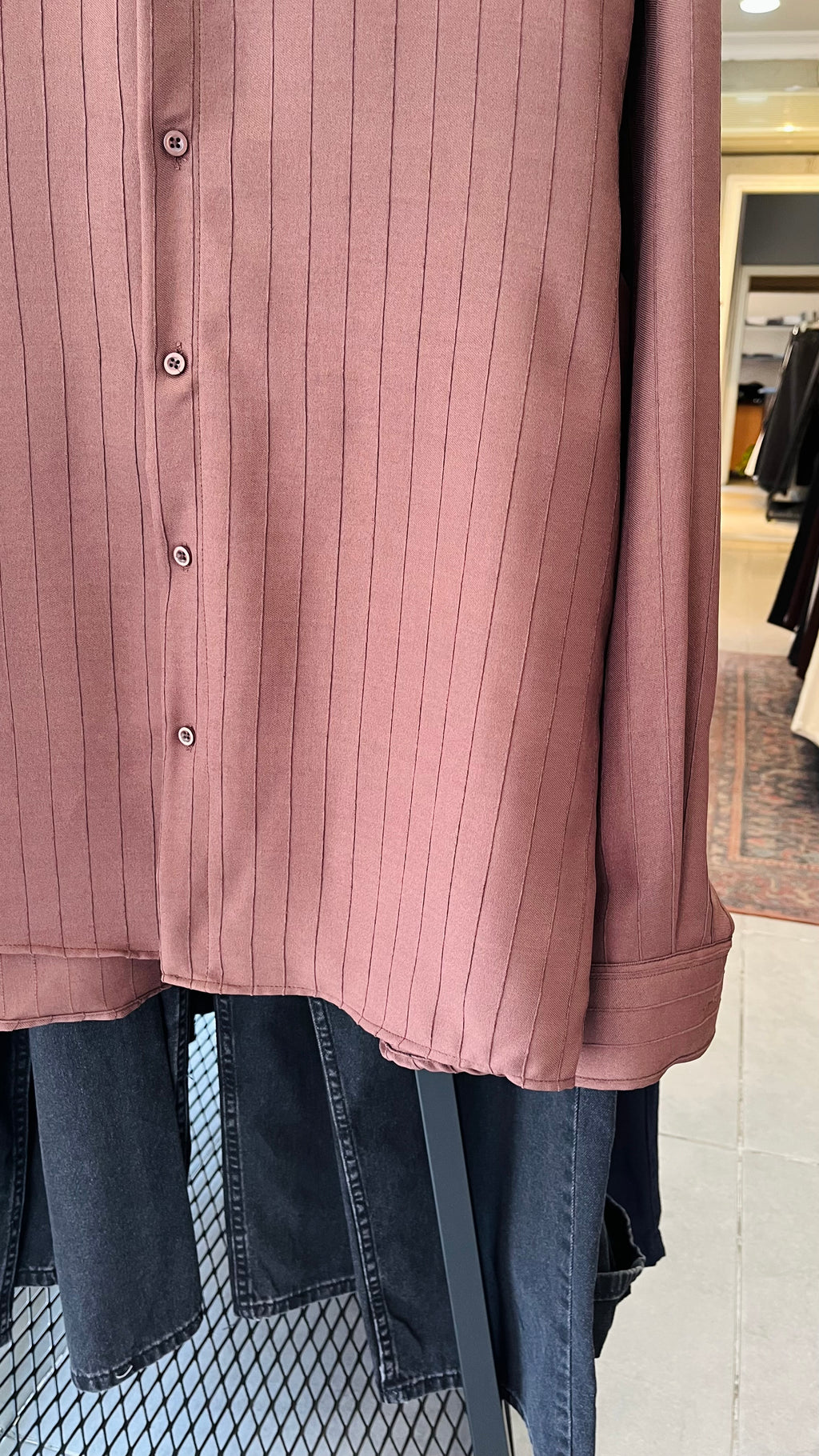 Oversize Kahverengi Kendiliğinden Desenli Gömlek 5473