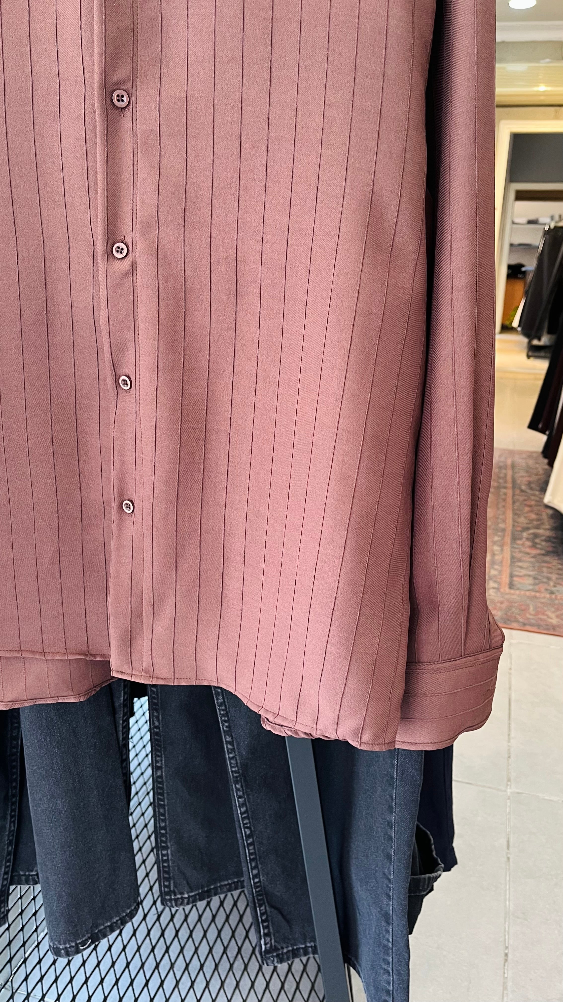 Oversize Kahverengi Kendiliğinden Desenli Gömlek 5473