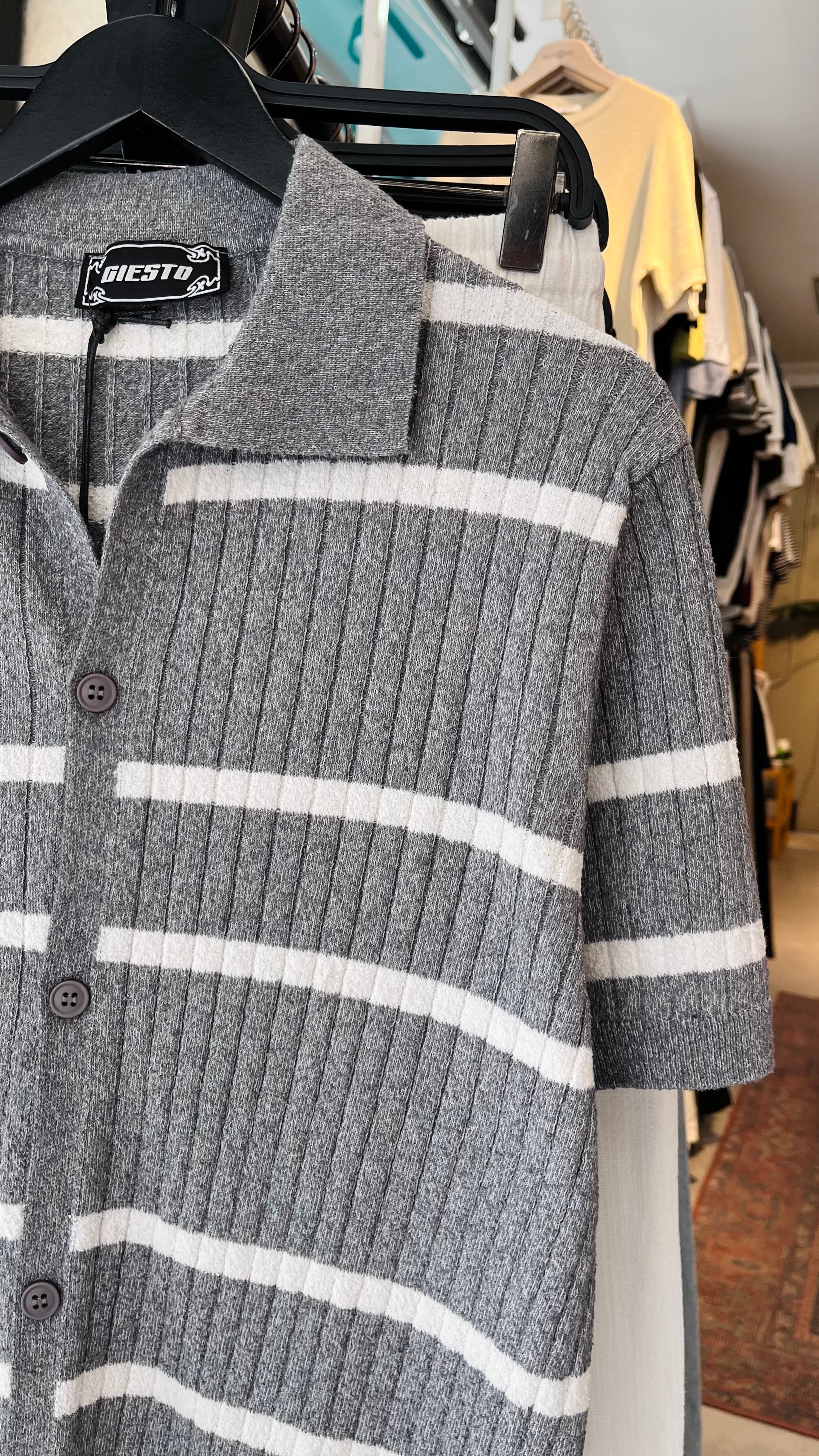Beyaz Çizgili Kısa Kollu Gri Triko Tshirt 5508