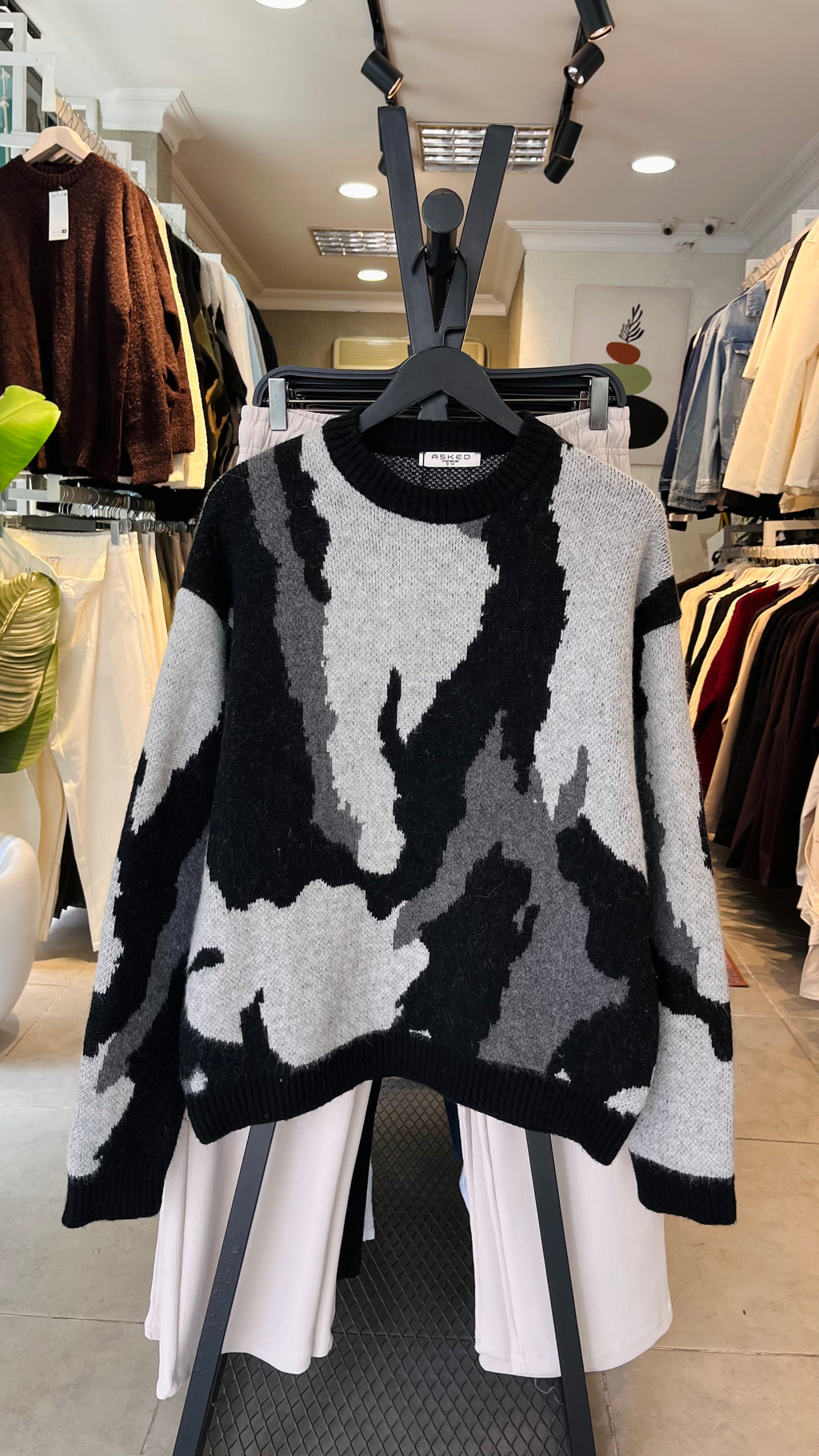 Oversize Siyah Kamuflaj Desenli Triko Kazak 5119