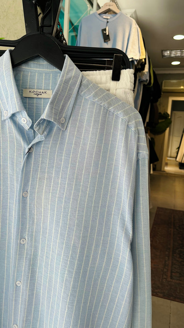 Oversize Beyaz Çizgili Bebe Mavisi Uzun Kollu Gömlek 5456