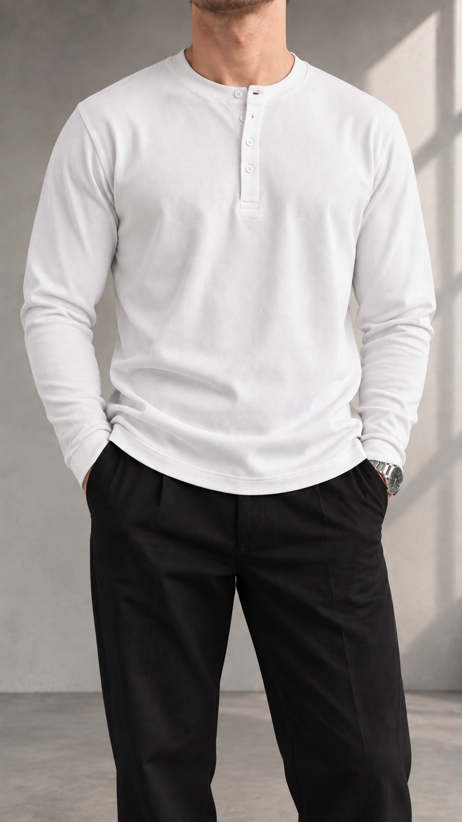 Henley yaka beyaz düğmeli ince sweatshirt 5107