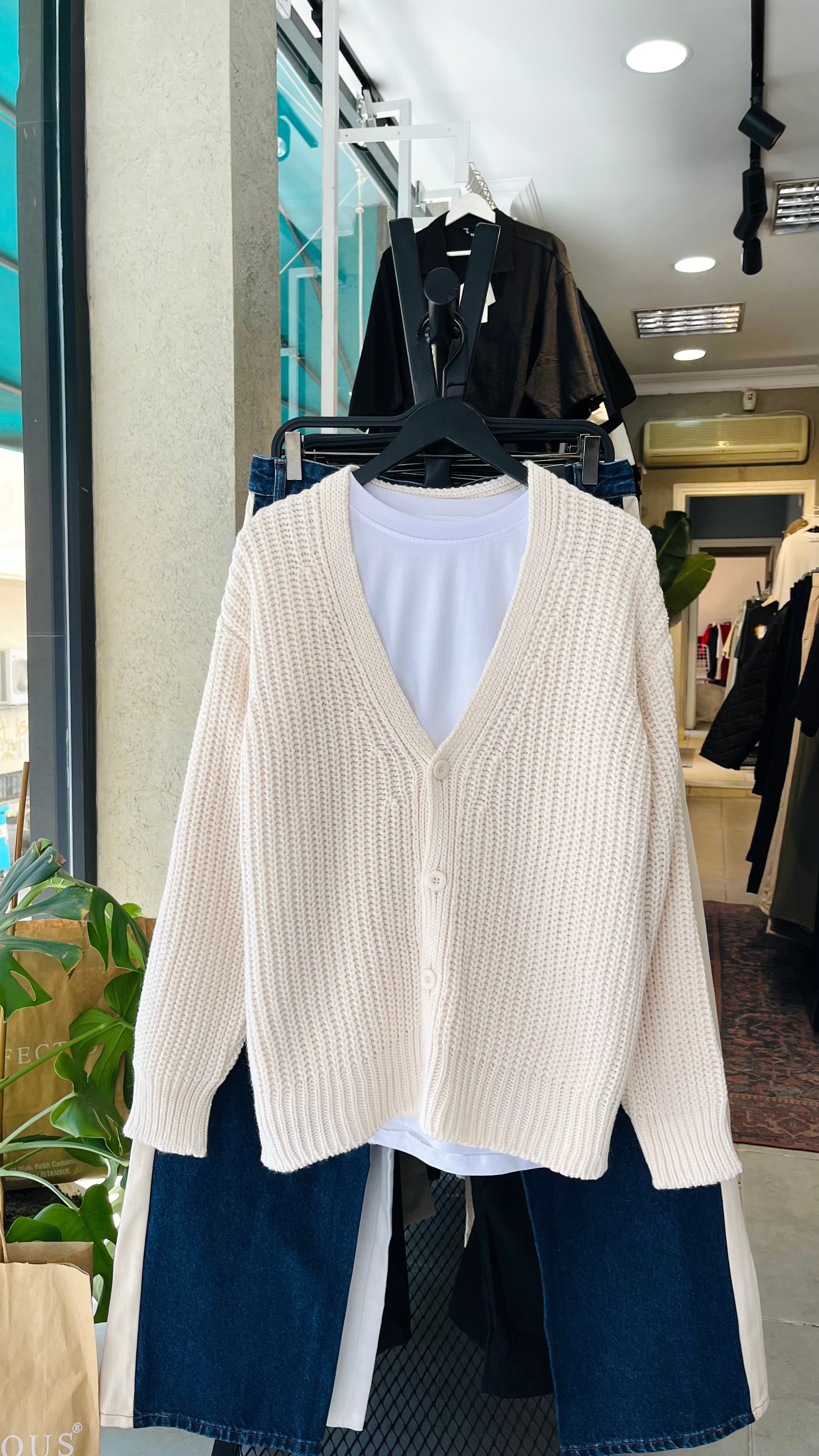 Oversize Bej Örme Hırka 7008