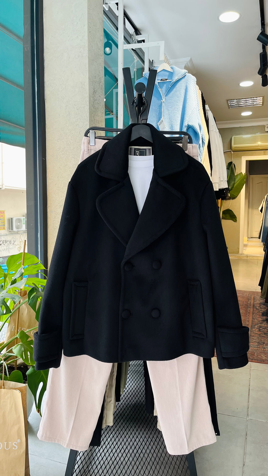 Kruvaze Crop Kaşe Ceket Siyah 2035