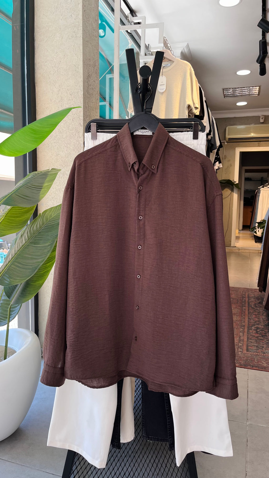 Oversize Kahverengi Uzun Kollu Gömlek 5505