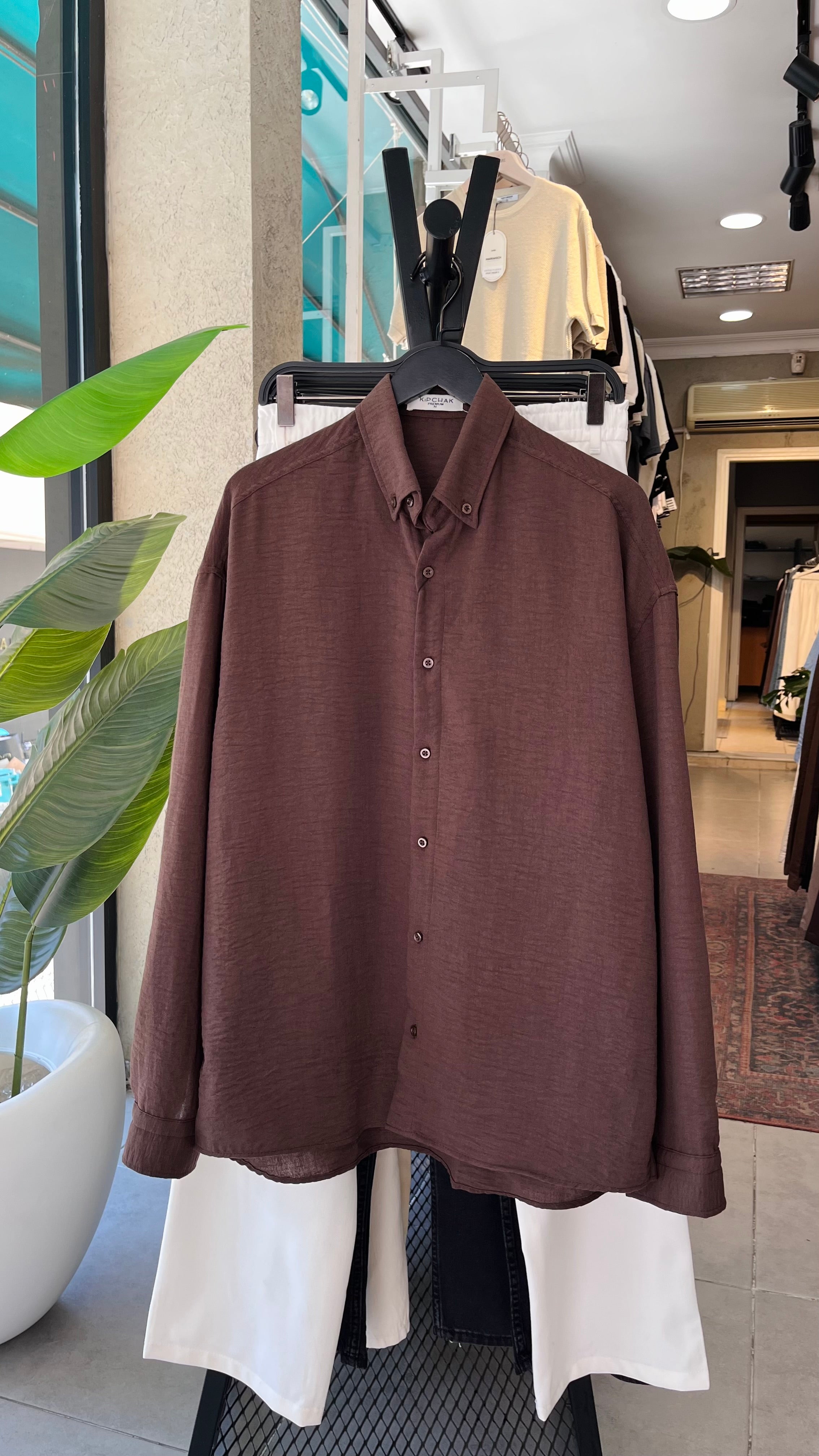 Oversize Kahverengi Uzun Kollu Gömlek 5505