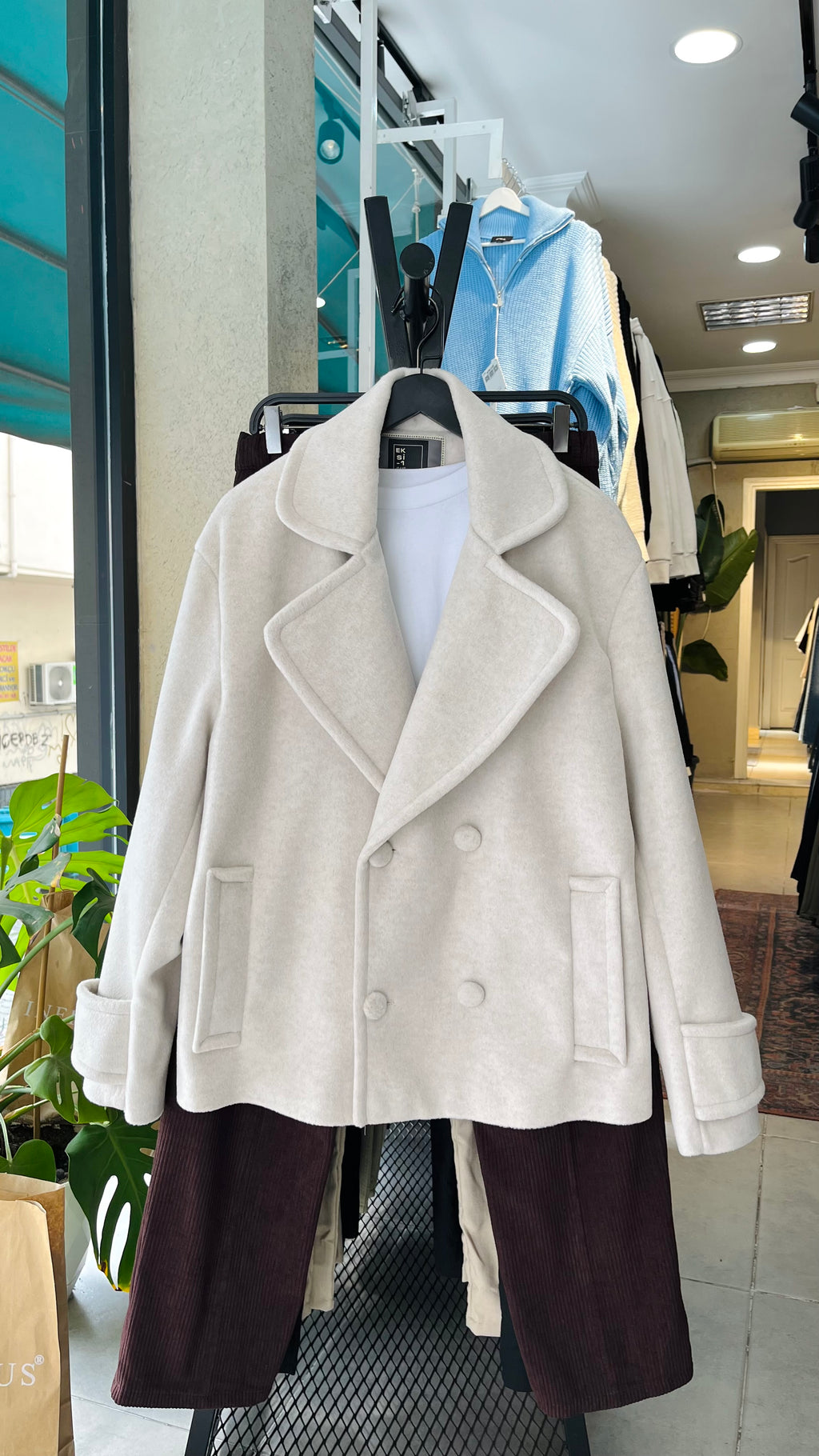 Kruvaze Crop Kaşe Ceket Taş Rengi 2034