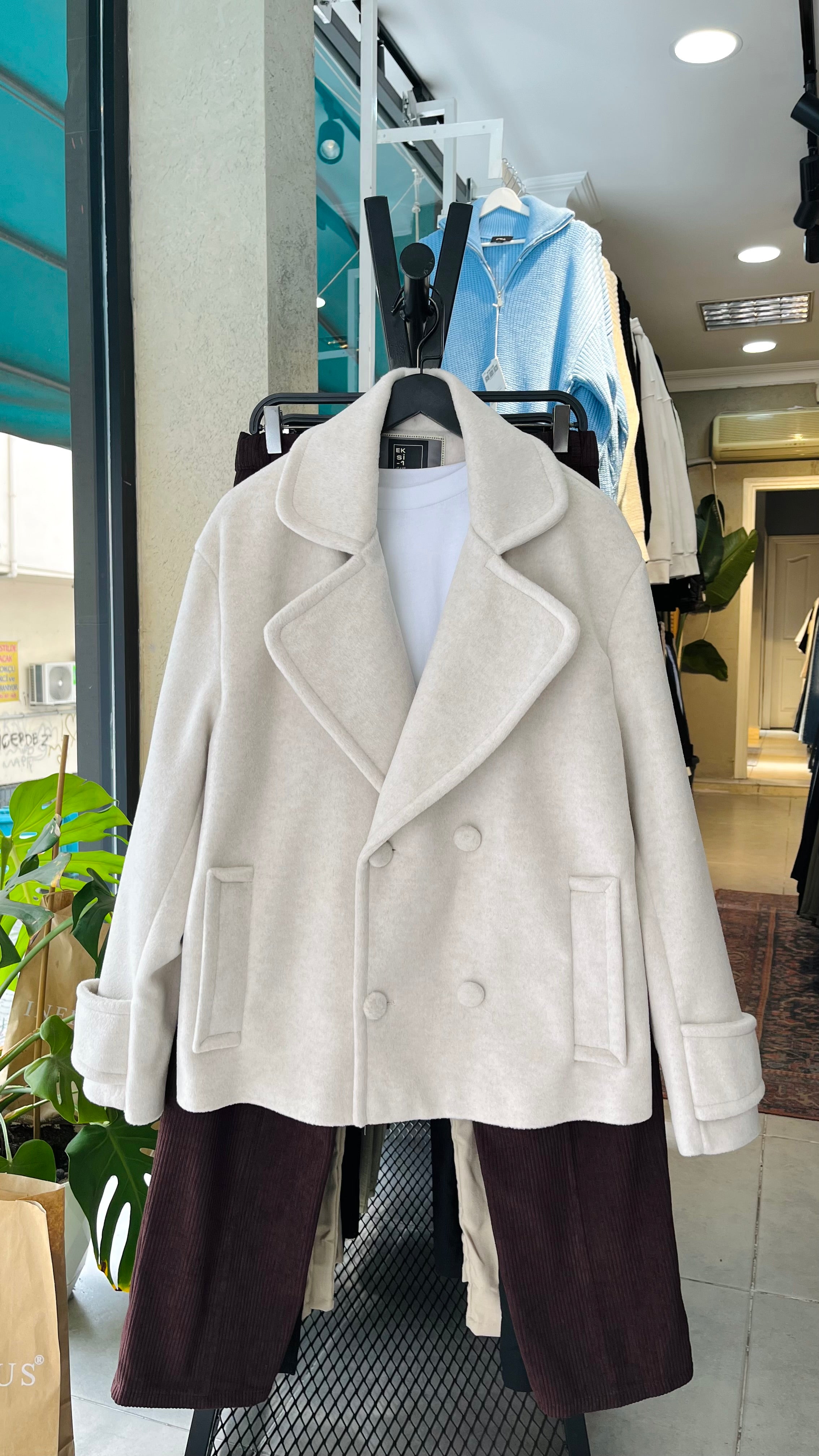 Kruvaze Crop Kaşe Ceket Taş Rengi 2034