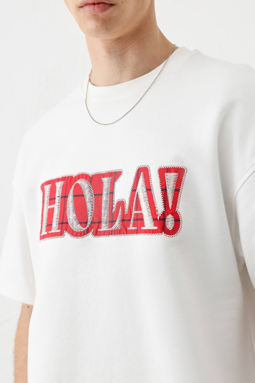 Oversize Premium Yıkamalı Nakışlı Beyaz Tshirt 9409