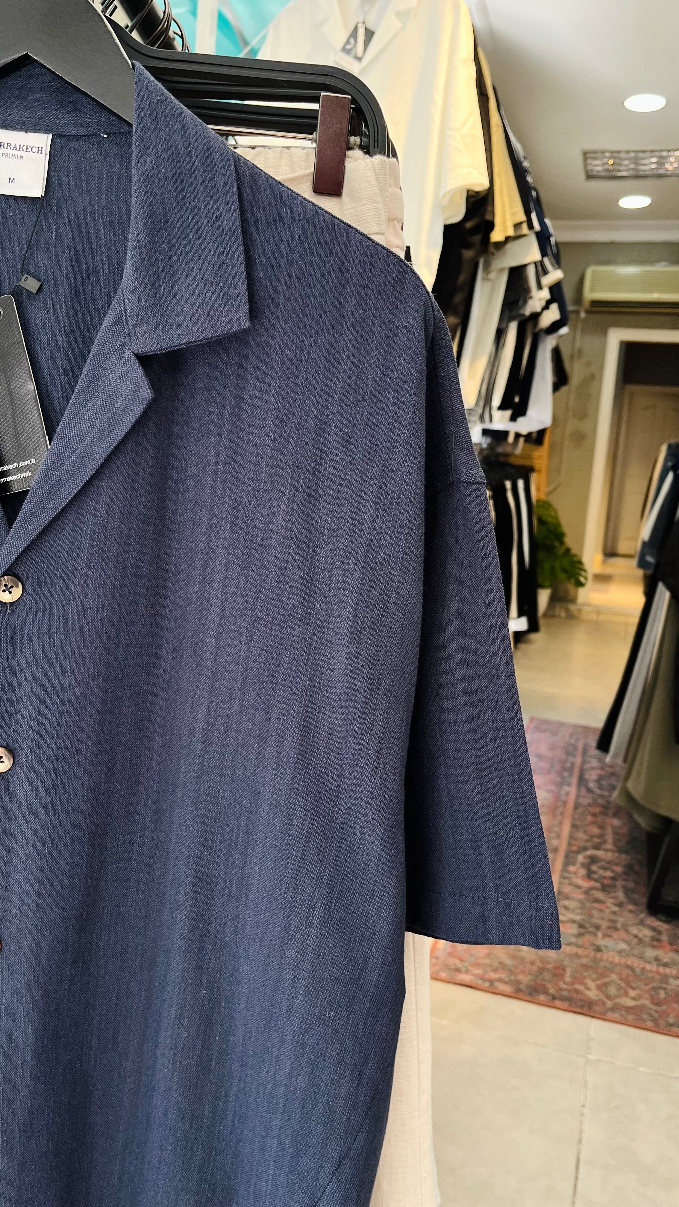 Oversize Apaş Yaka Kısa Kollu Gömlek - Lacivert 5405