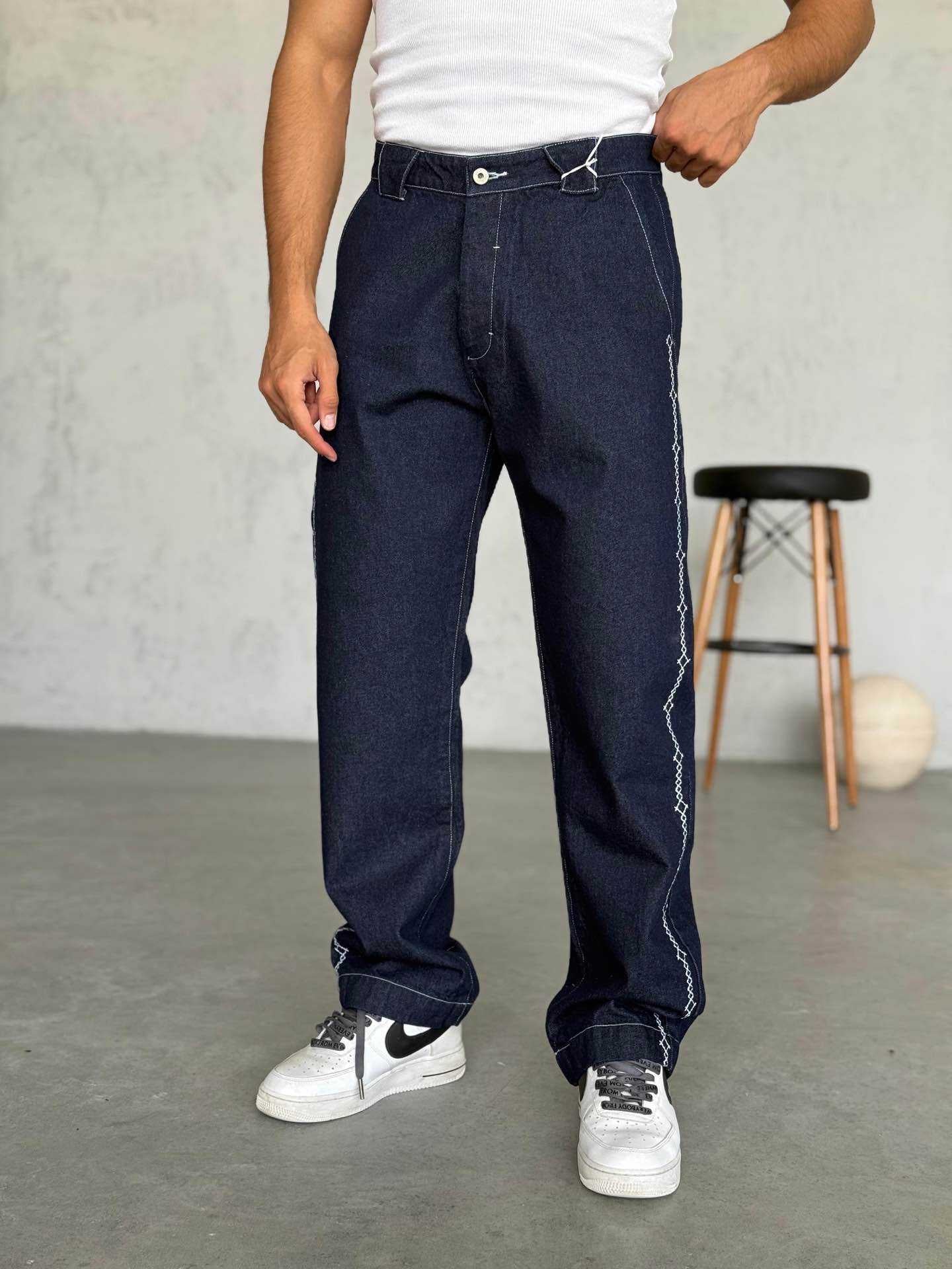 Baggy Lacivert Nakış Detaylı Jean 3319