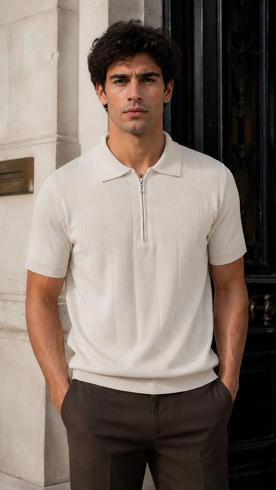 Taş Rengi Polo Yaka Fermuarlı Triko Tshirt 9439