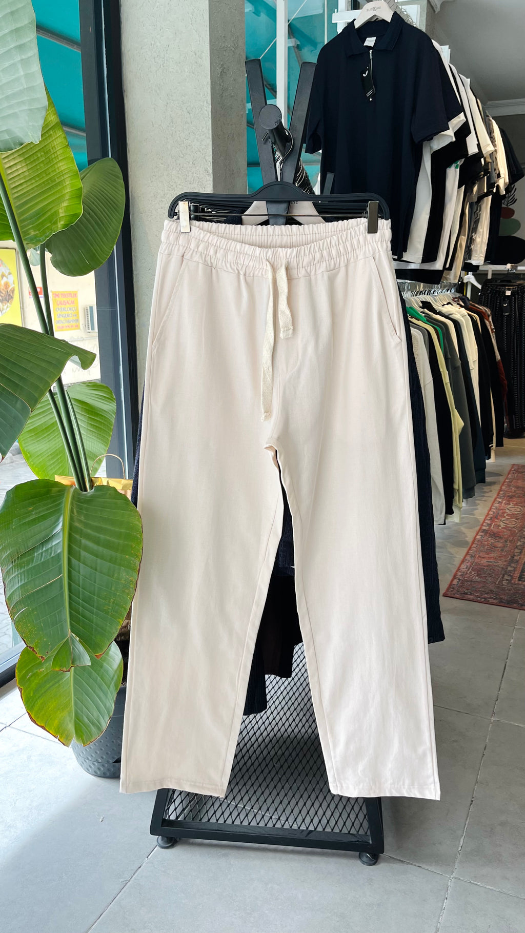 Erkek Baggy İpli Keten Pantolon - Bej 6098