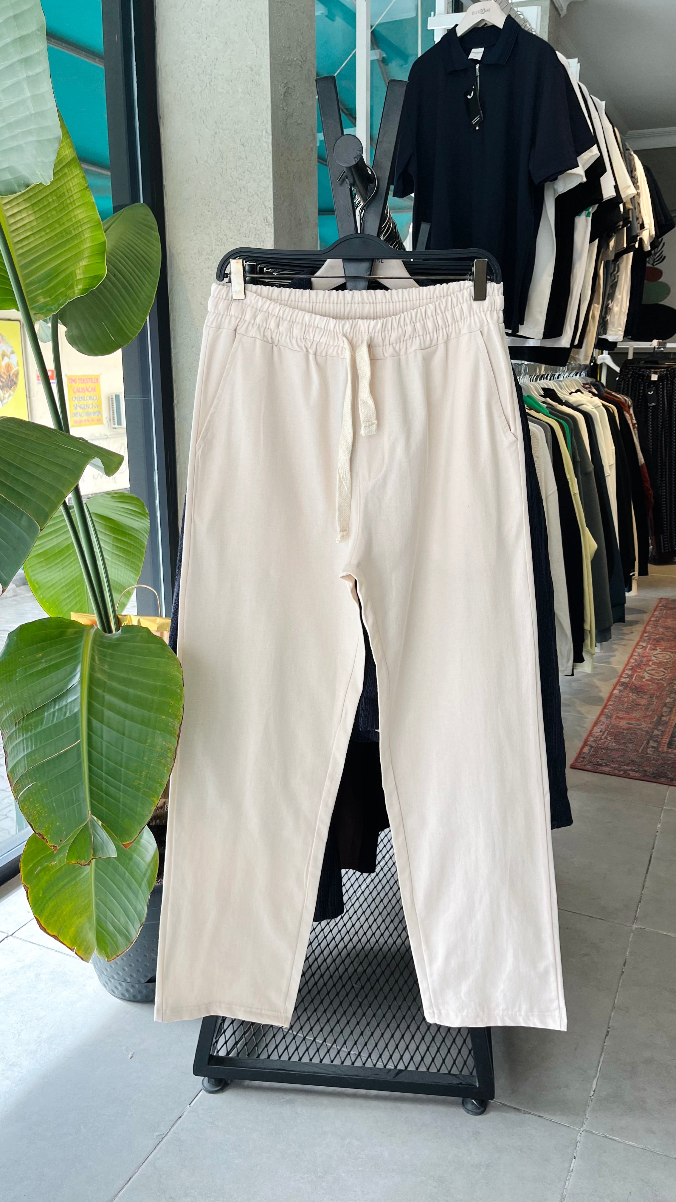 Erkek Baggy İpli Keten Pantolon - Bej 6098