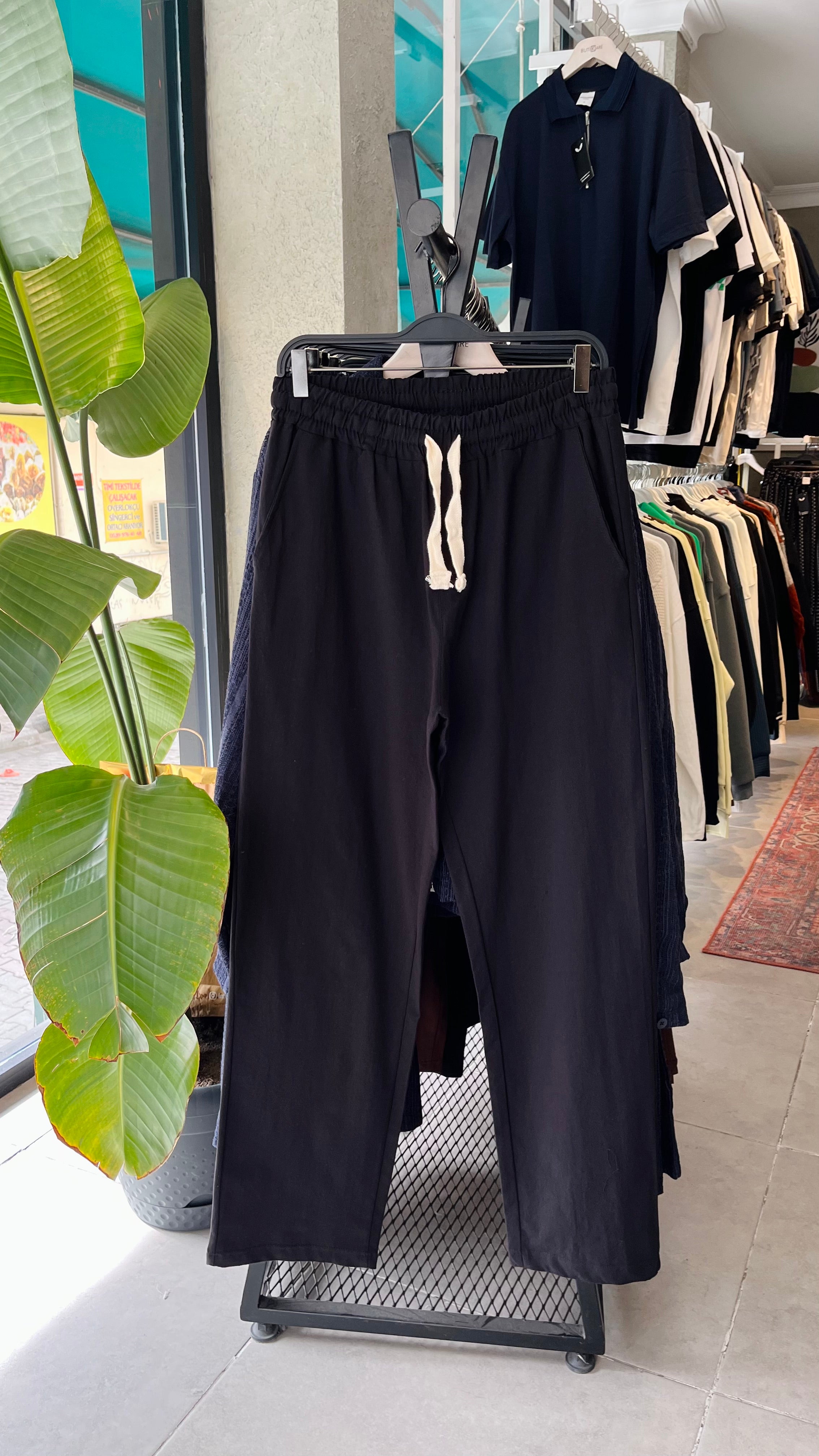 Erkek Baggy İpli Keten Pantolon - Siyah (Beyaz İpli) 6099