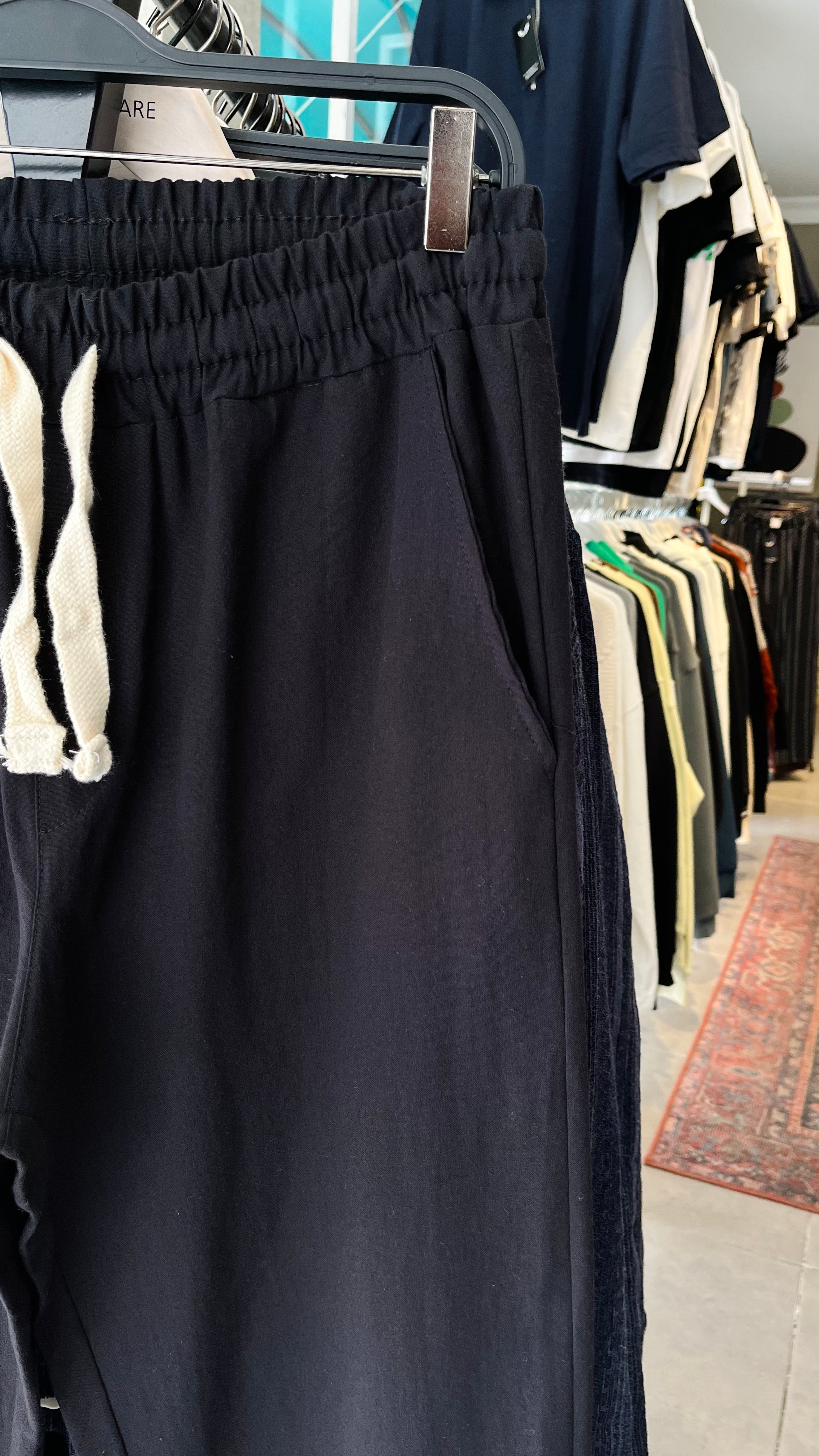 Erkek Baggy İpli Keten Pantolon - Siyah (Beyaz İpli) 6099
