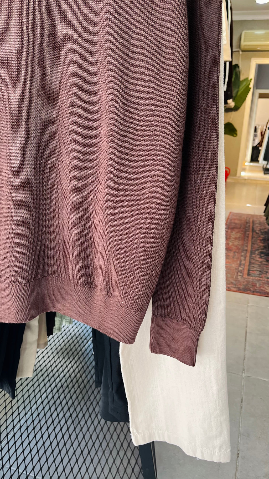 Oversize Kahverengi Yakalı Fermuarlı Triko Kazak 7019