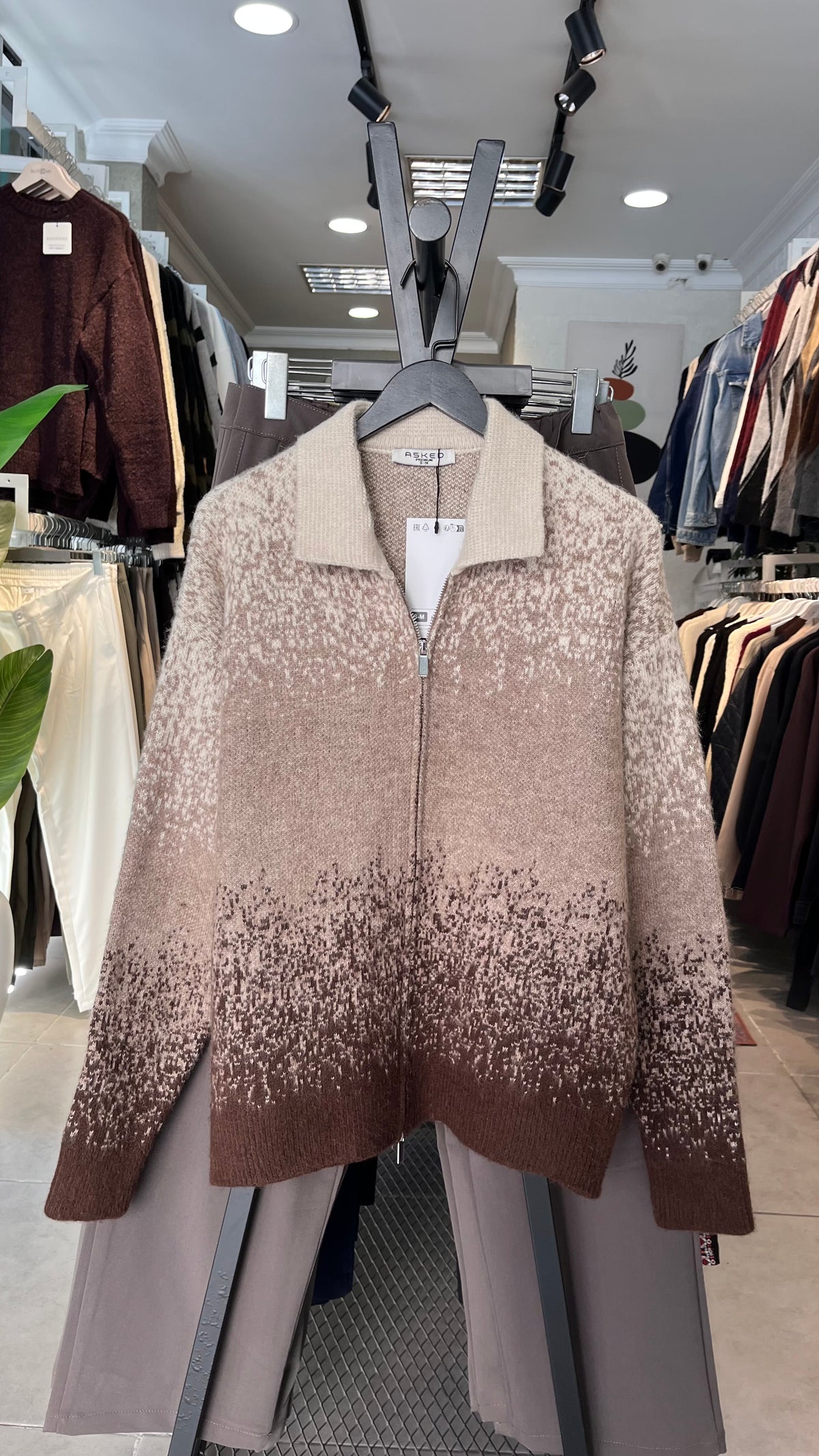 Kahve Bej Geçiş Desenli Çift Fermuarlı Triko Hırka 5131