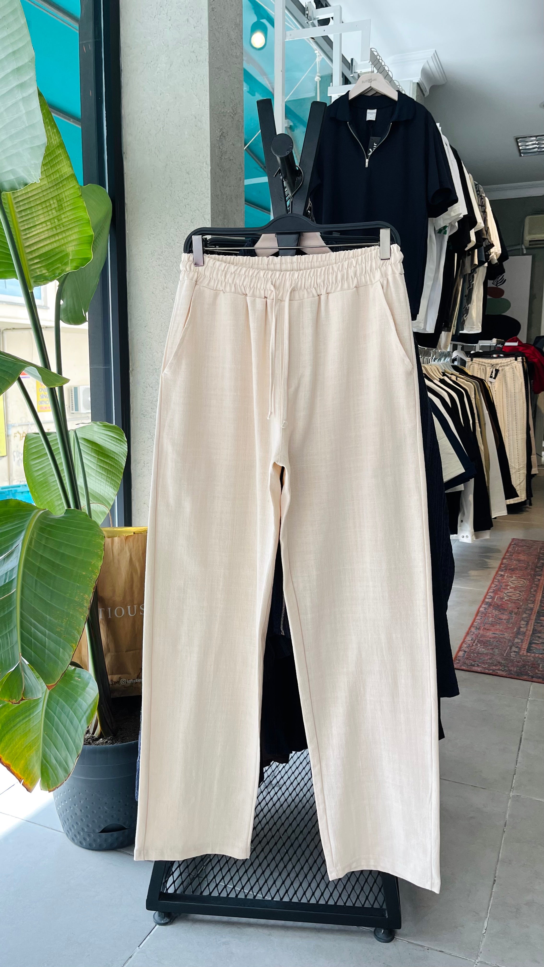 Erkek Baggy Keten  Pantolon - Bej 6101