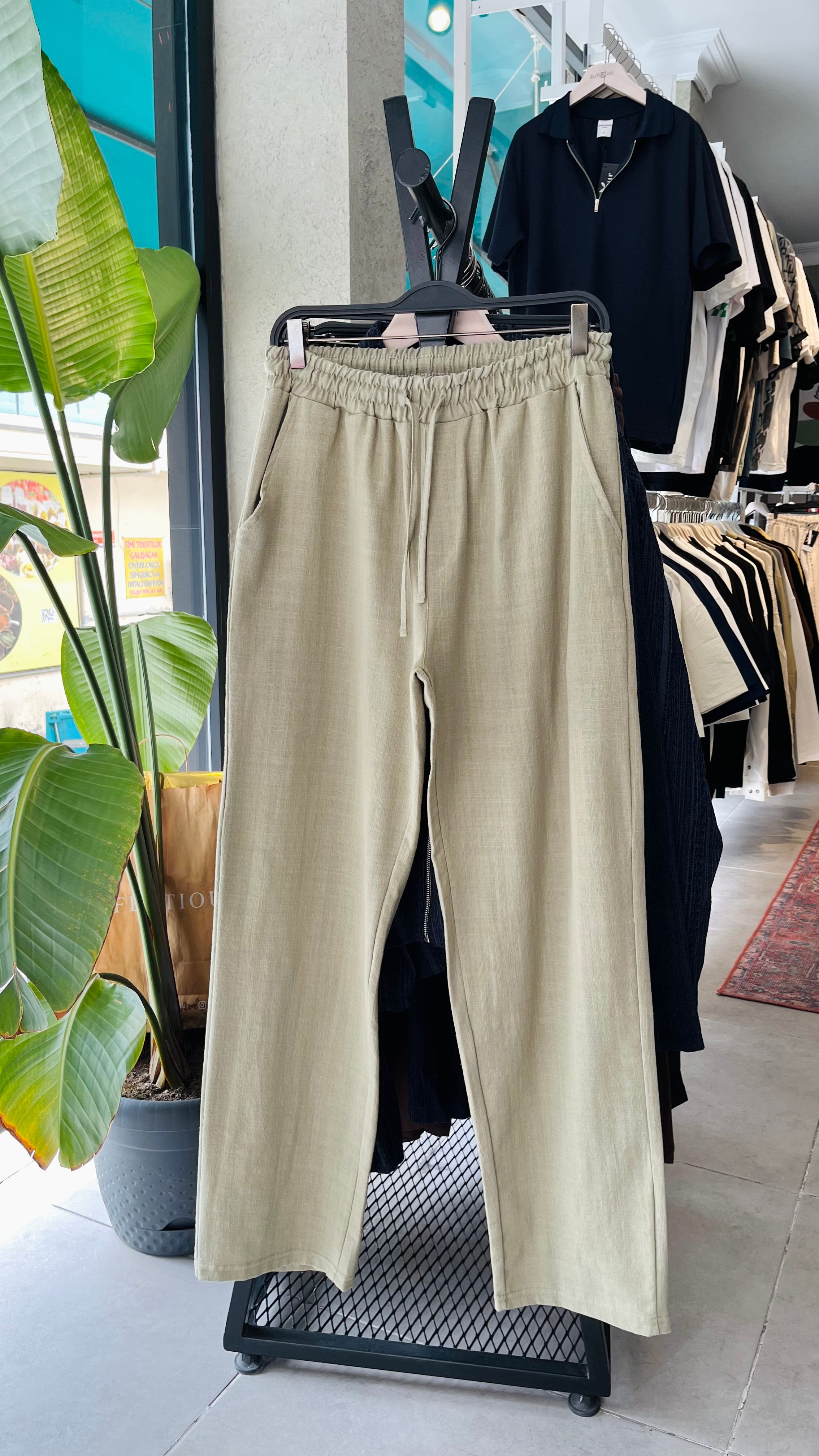 Erkek Baggy Keten Pantolon - Çağla Yeşili 6102