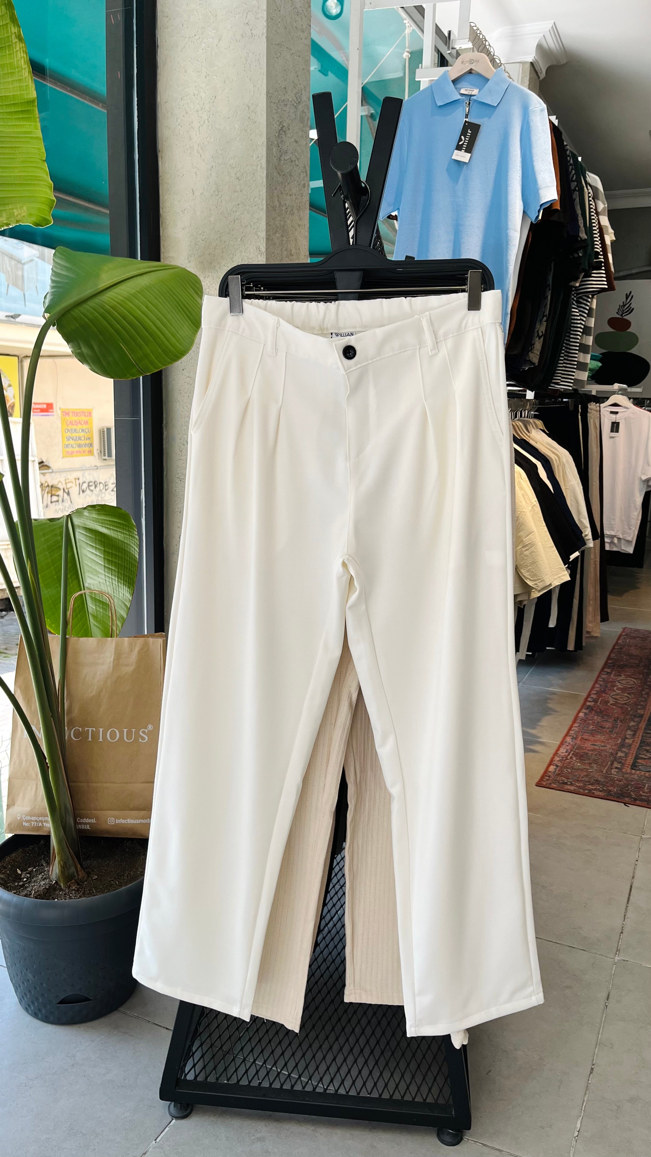 Erkek Baggy Kumaş Pantolon - Beyaz 6118