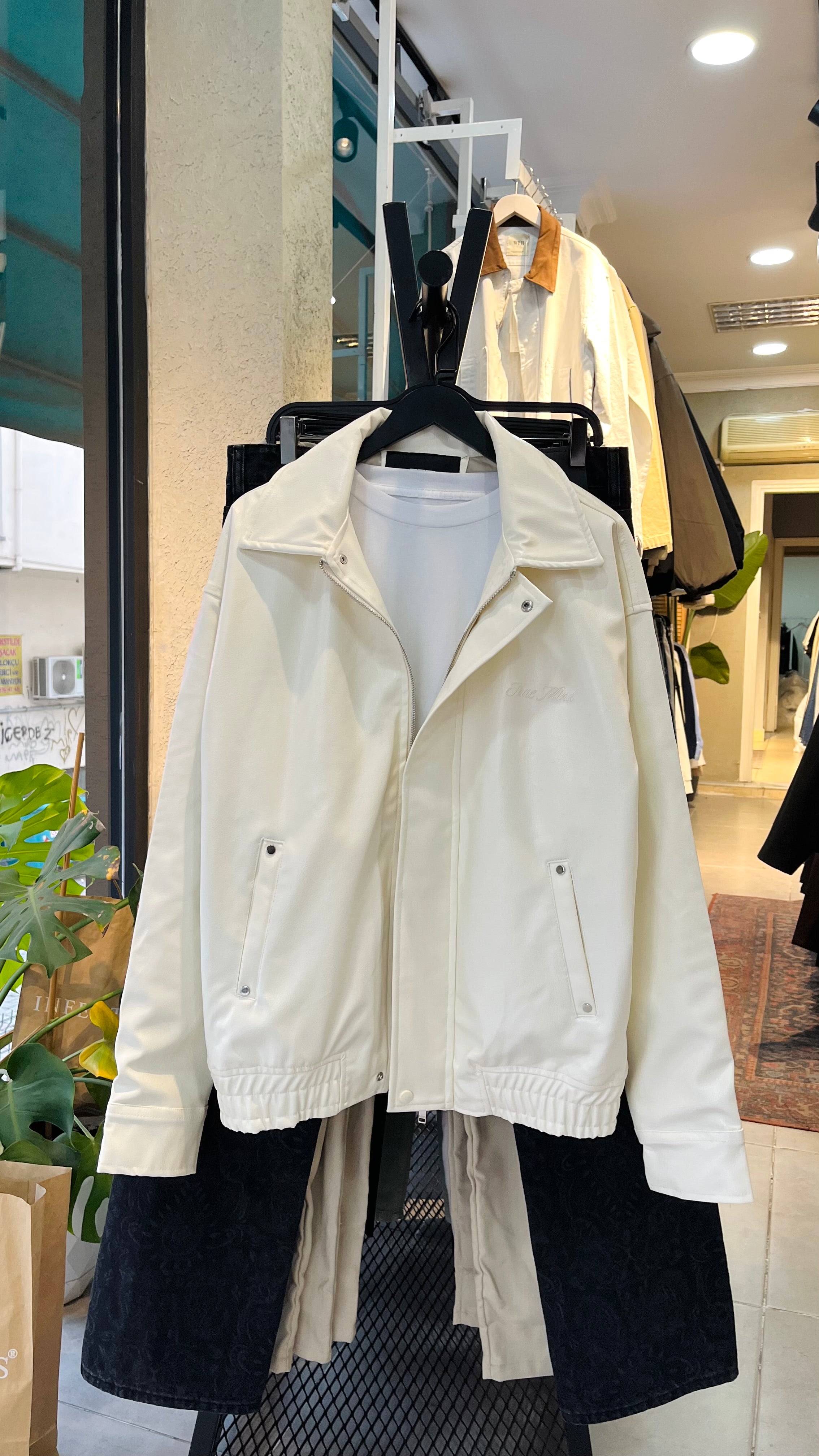 Oversize Premium Ekru Deri Ceket 2044