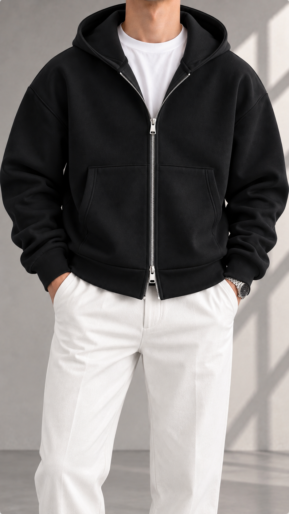 Oversize Panda Kumaş Çift Fermuarlı Kapüşonlu Siyah Sweatshirt 5110