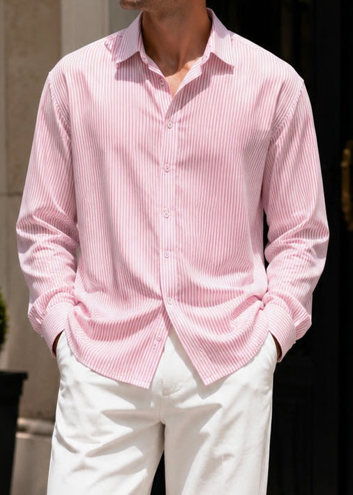 Oversize Pembe Beyaz Çizgili Uzun Kollu Gömlek 5496