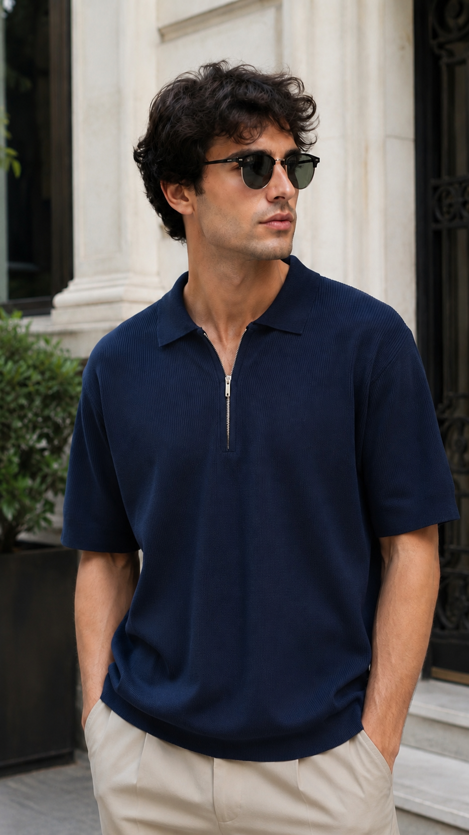 Oversize Yarım Fermuarlı Triko Lacivert Tshirt 9430