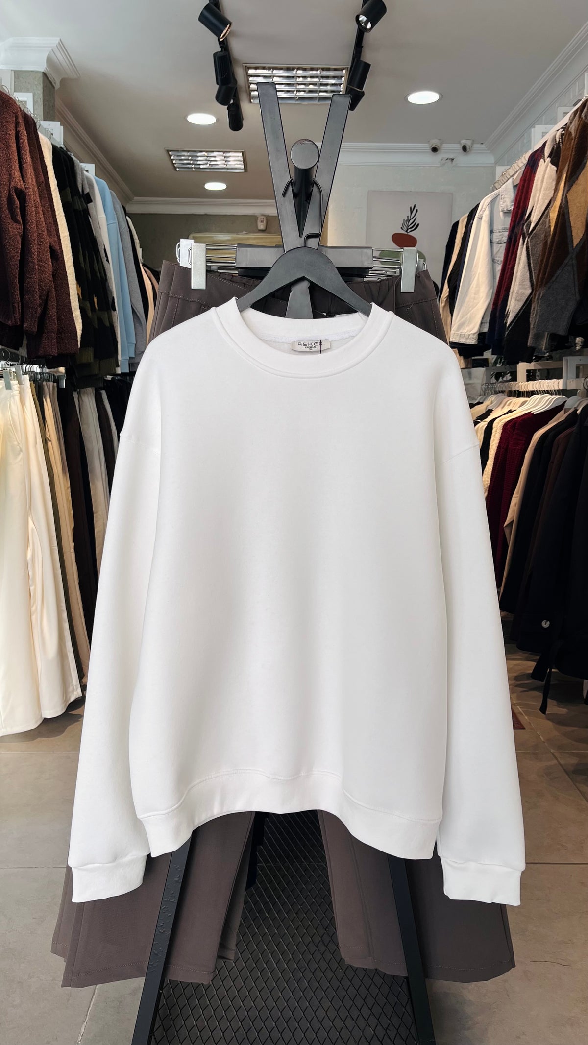 Oversize Üç İplik Şardonlu Beyaz Sweatshirt 5133