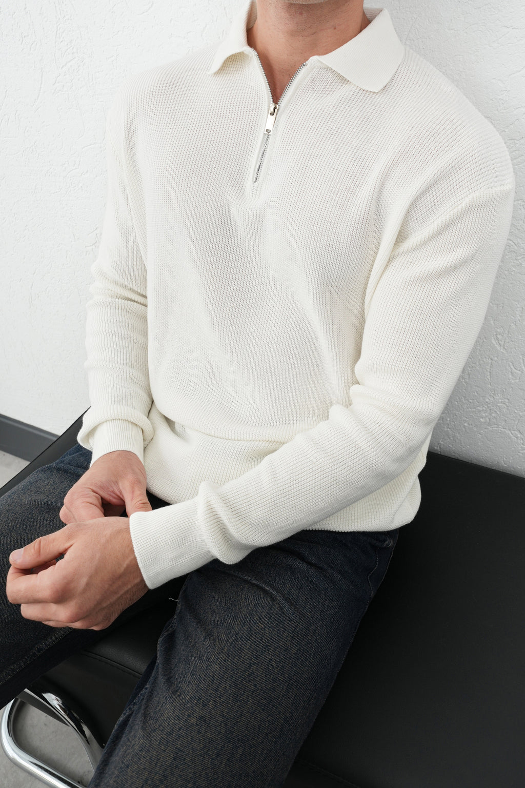 Oversize Beyaz Yakalı Fermuarlı Triko Kazak 7018