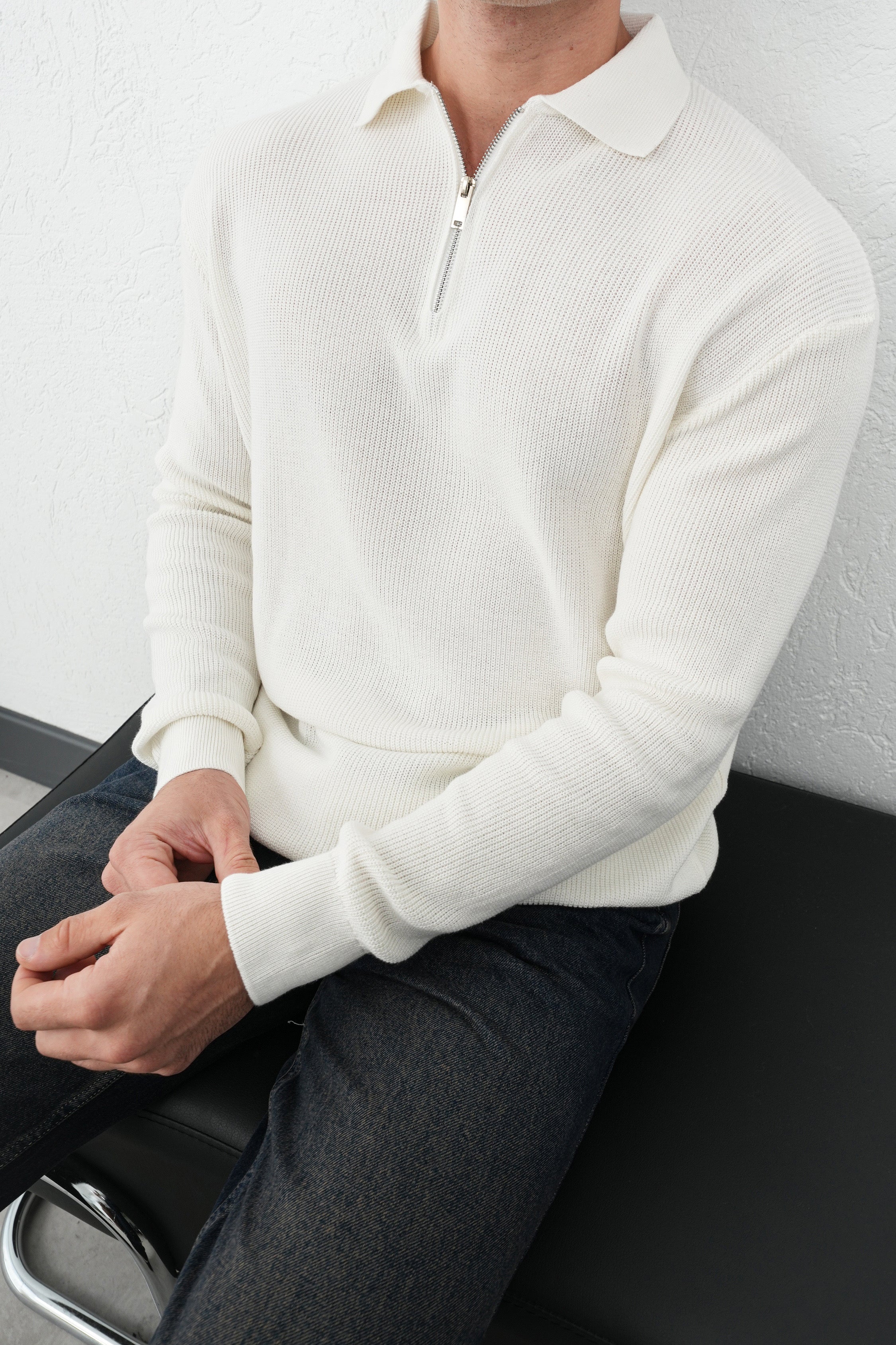 Oversize Beyaz Yakalı Fermuarlı Triko Kazak 7018
