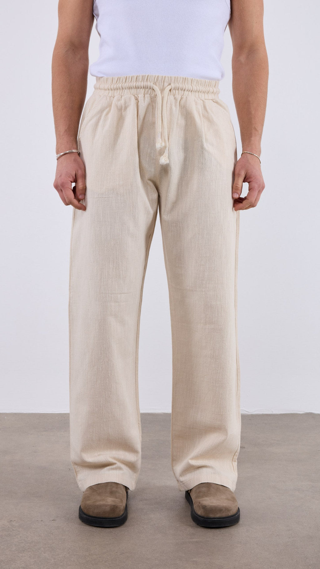 Baggy Halat İp Detaylı Bej Keten Pantolon 6217