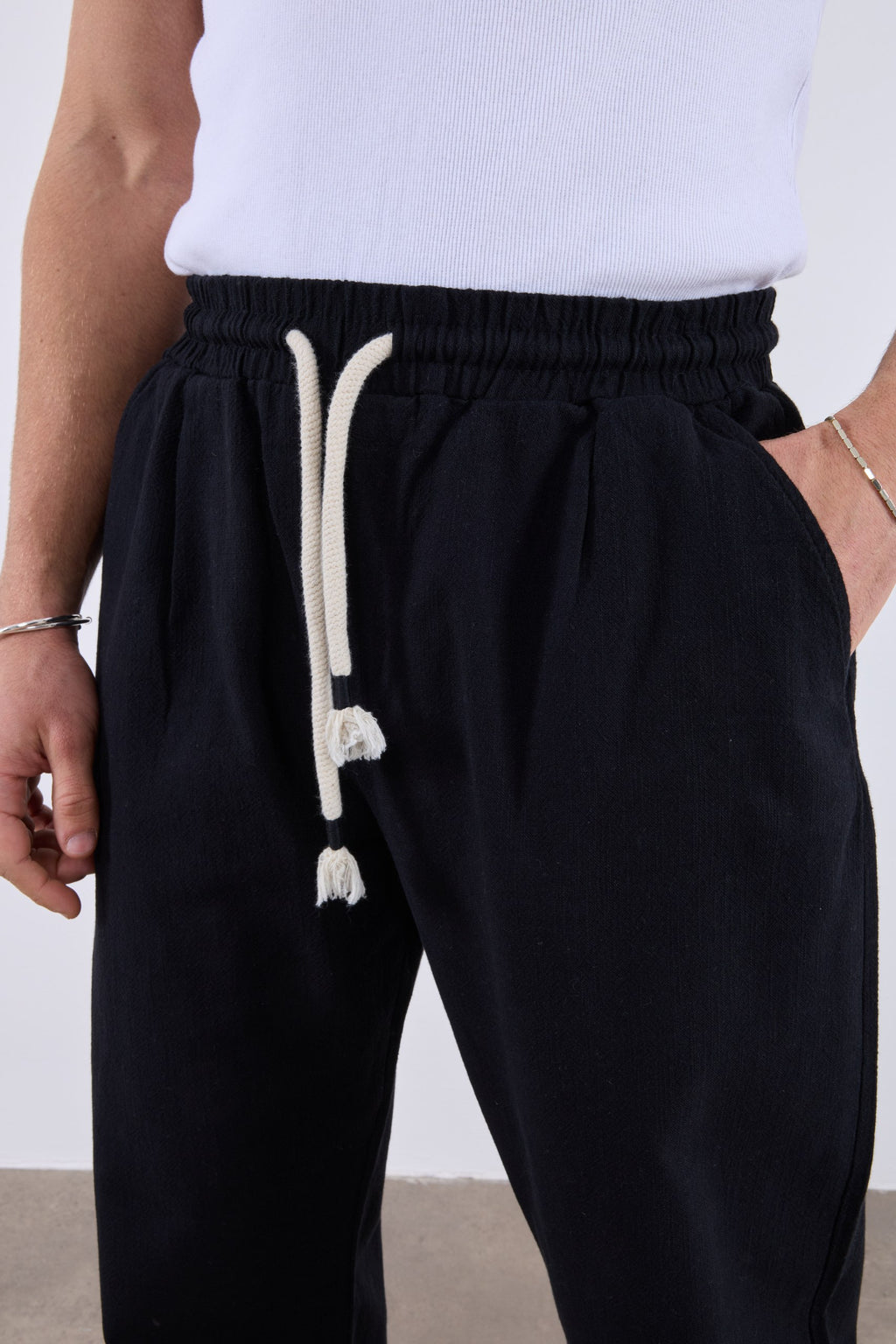 Baggy Halat İp Detaylı Siyah Keten Pantolon 6216