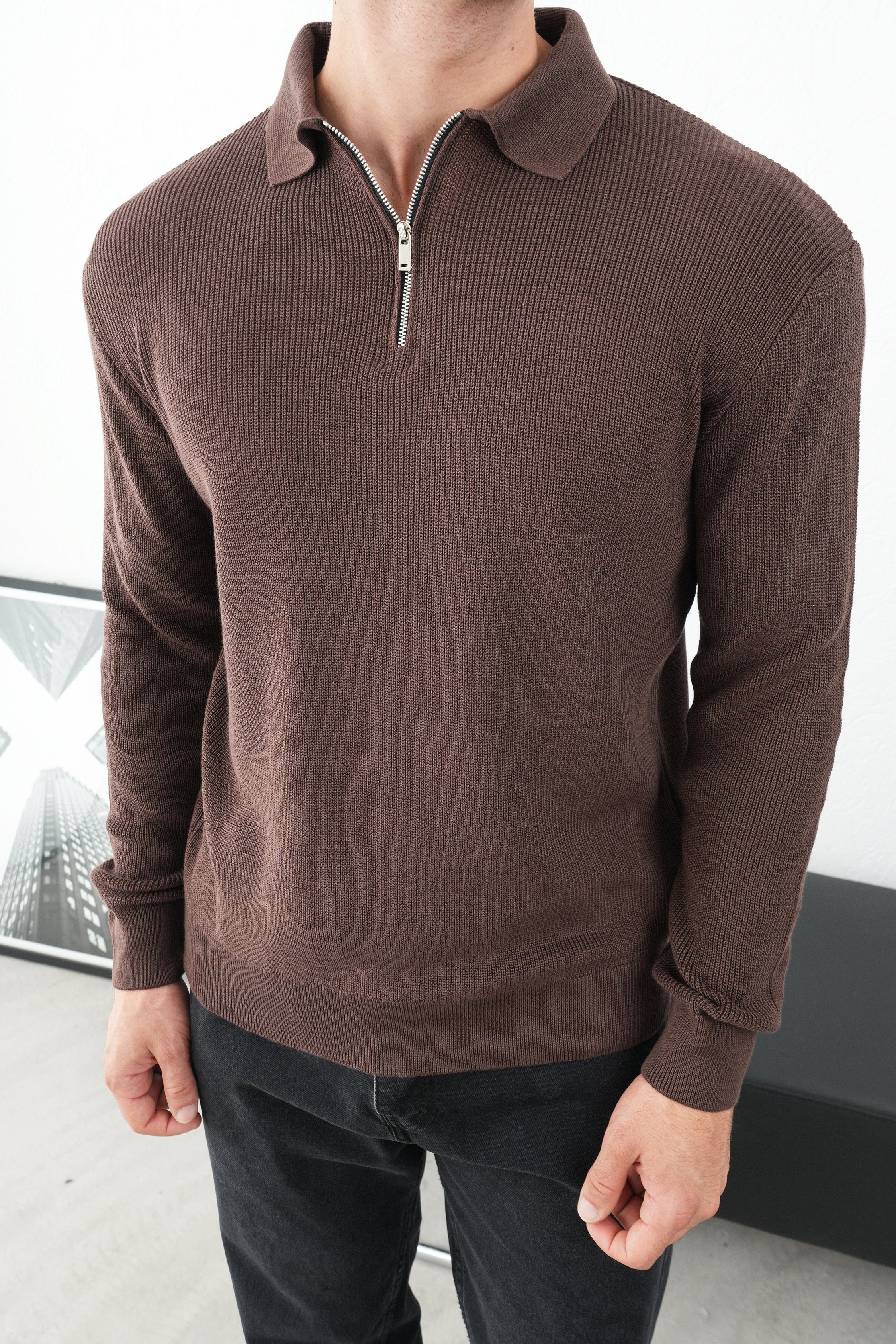 Oversize Kahverengi Yakalı Fermuarlı Triko Kazak 7019