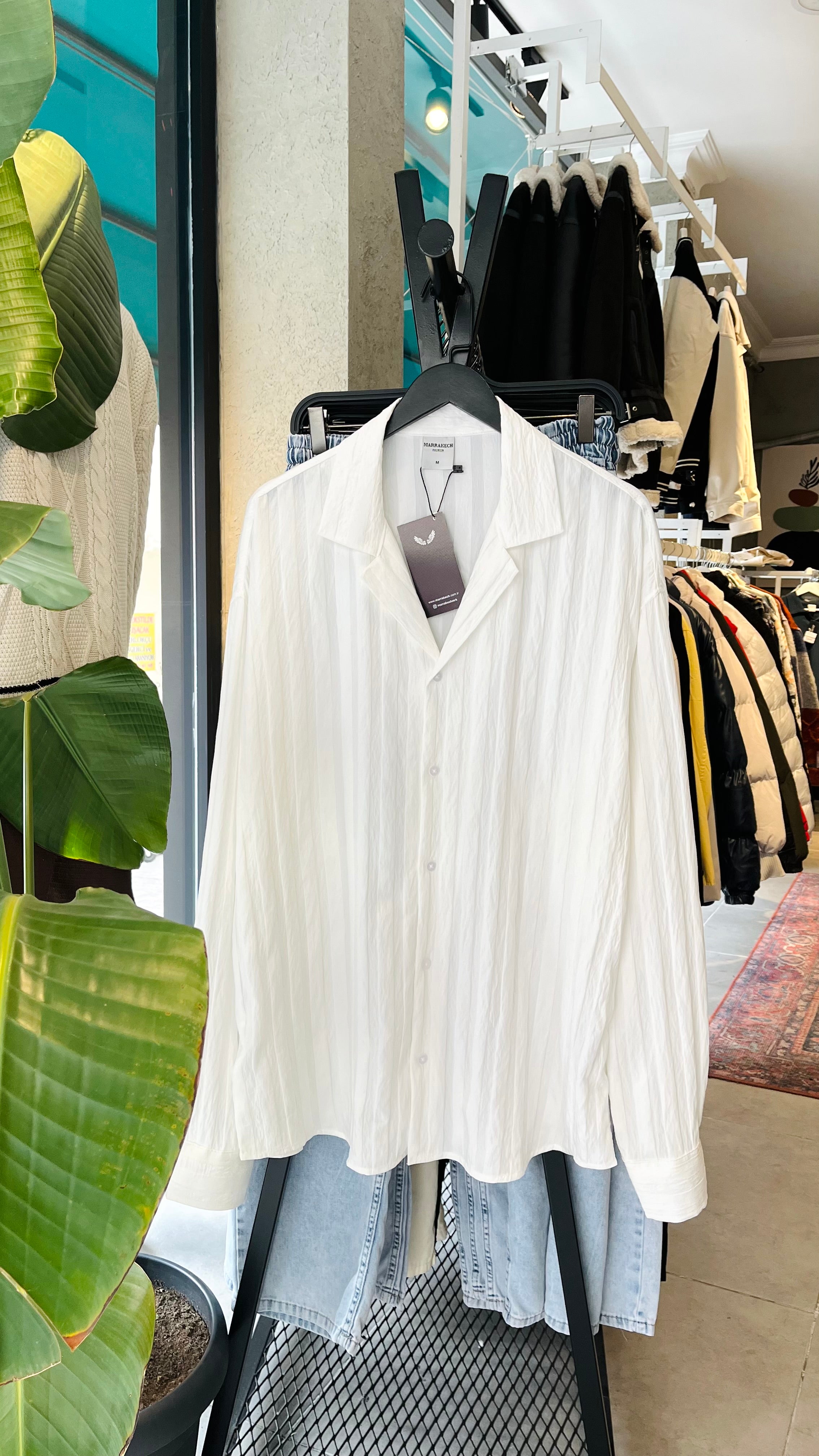 Oversize Beyaz Apaş Yaka Uzun Kollu Gömlek - Beyaz 5345