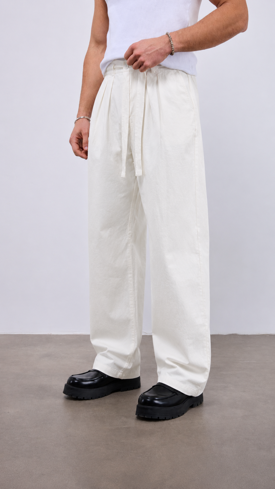 Baggy Kuşak Detaylı Beyaz Keten Pantolon 6207