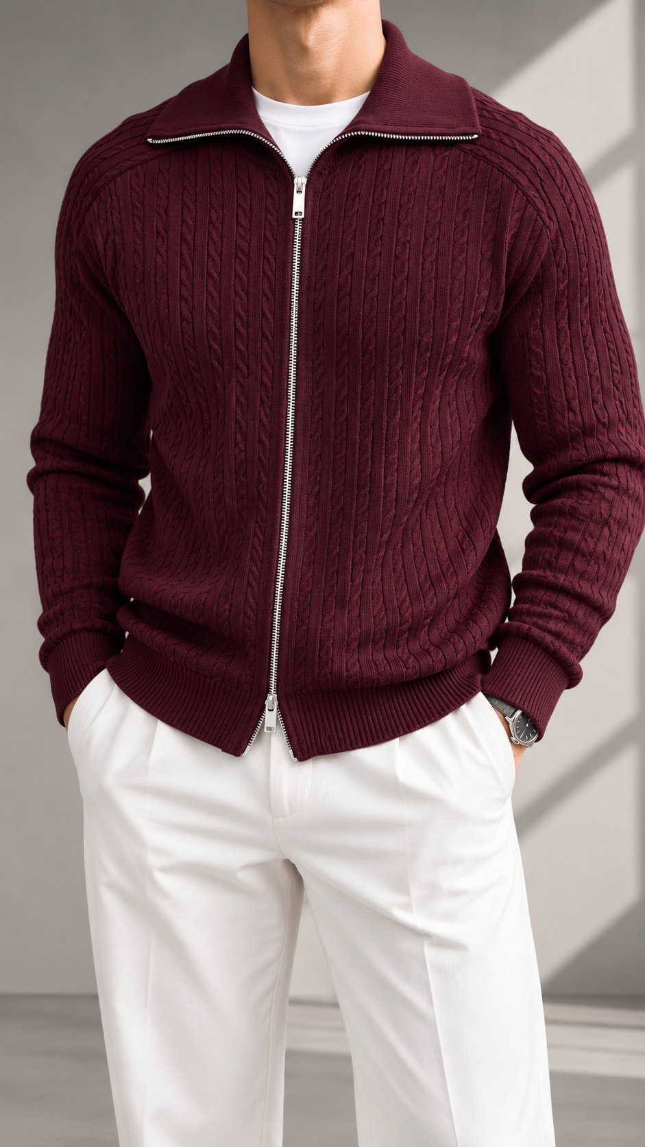 Saç Örgü Bordo Triko Hırka 5144