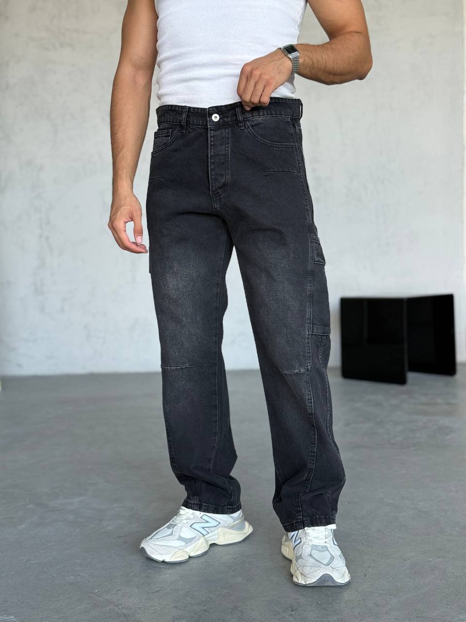 Baggy Siyah Yıkamalı Kargo Cepli Jean 3318