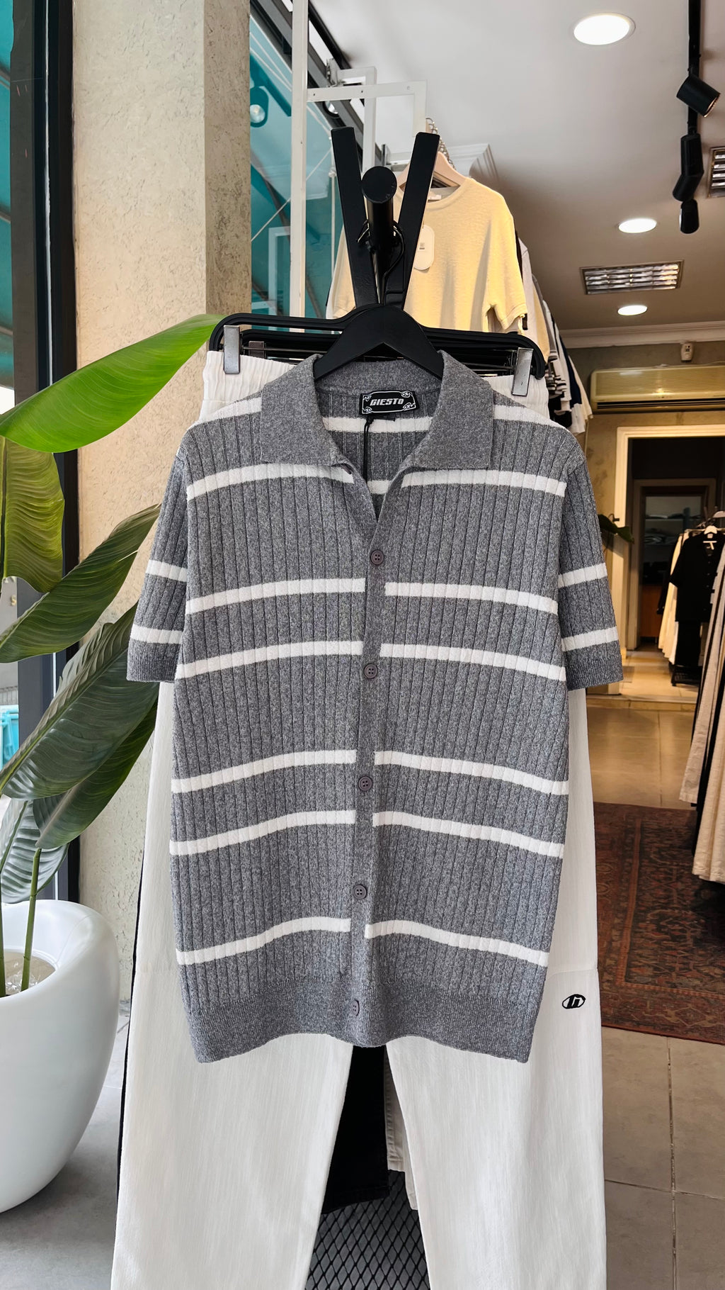 Beyaz Çizgili Kısa Kollu Gri Triko Tshirt 5508