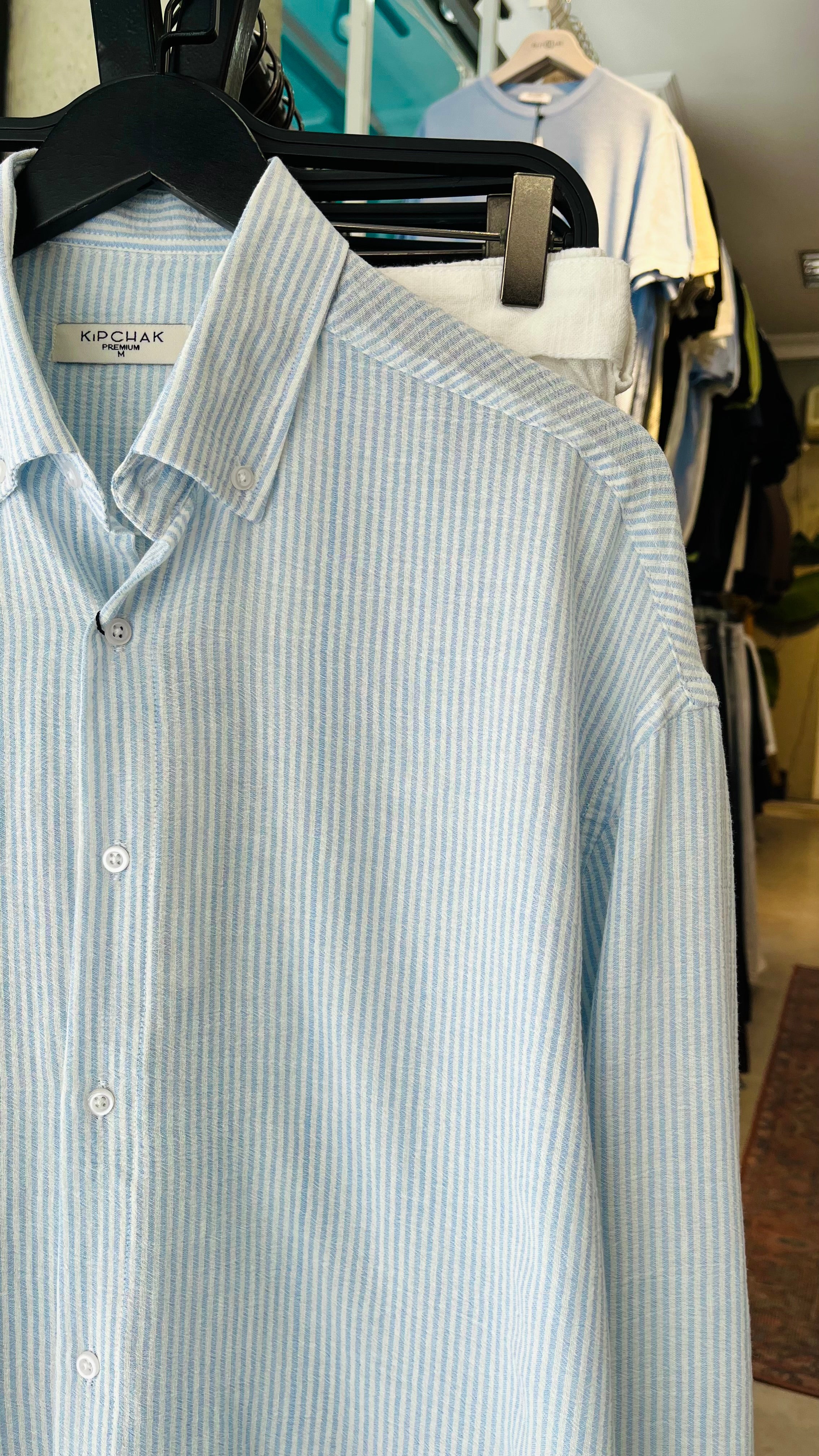 Oversize Mavi Beyaz Çizgili Uzun Kollu Gömlek 5449