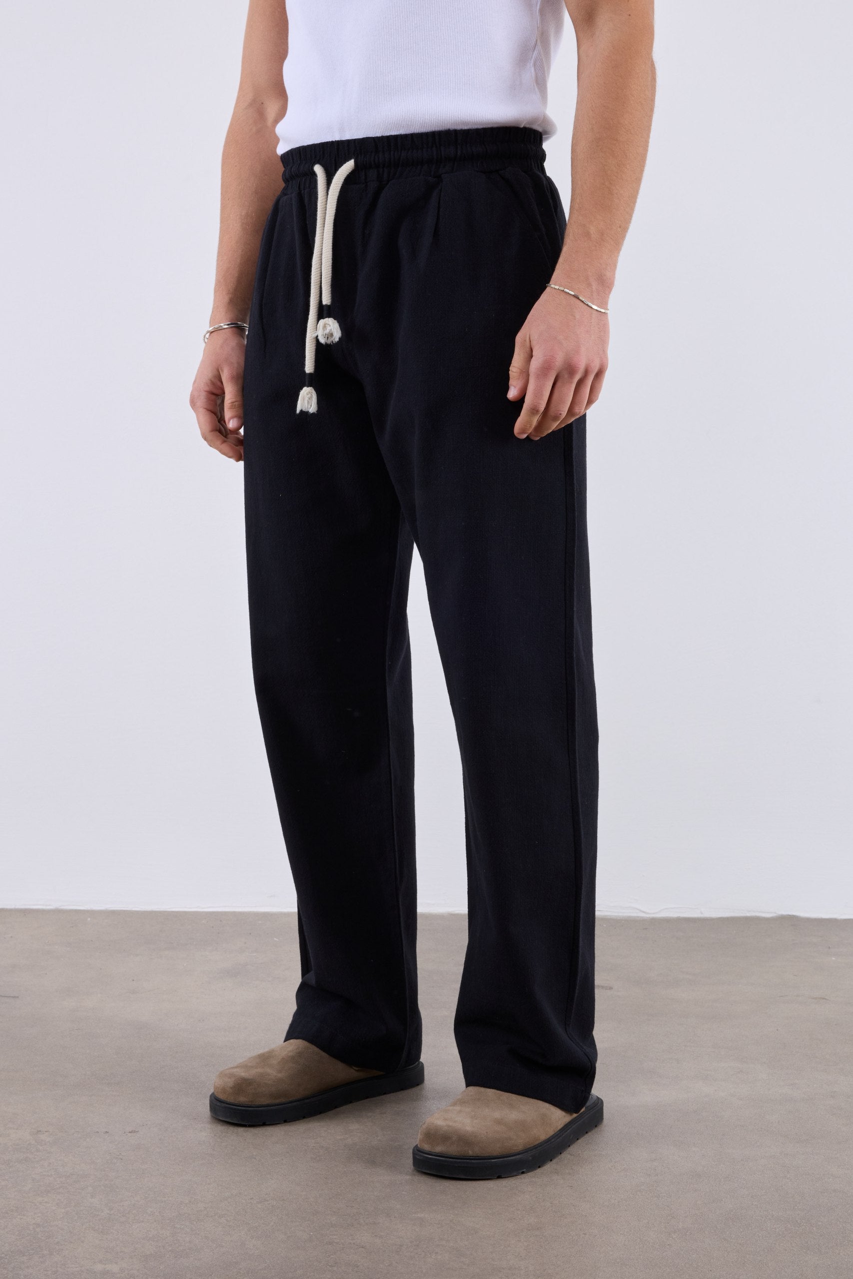 Baggy Halat İp Detaylı Siyah Keten Pantolon 6216