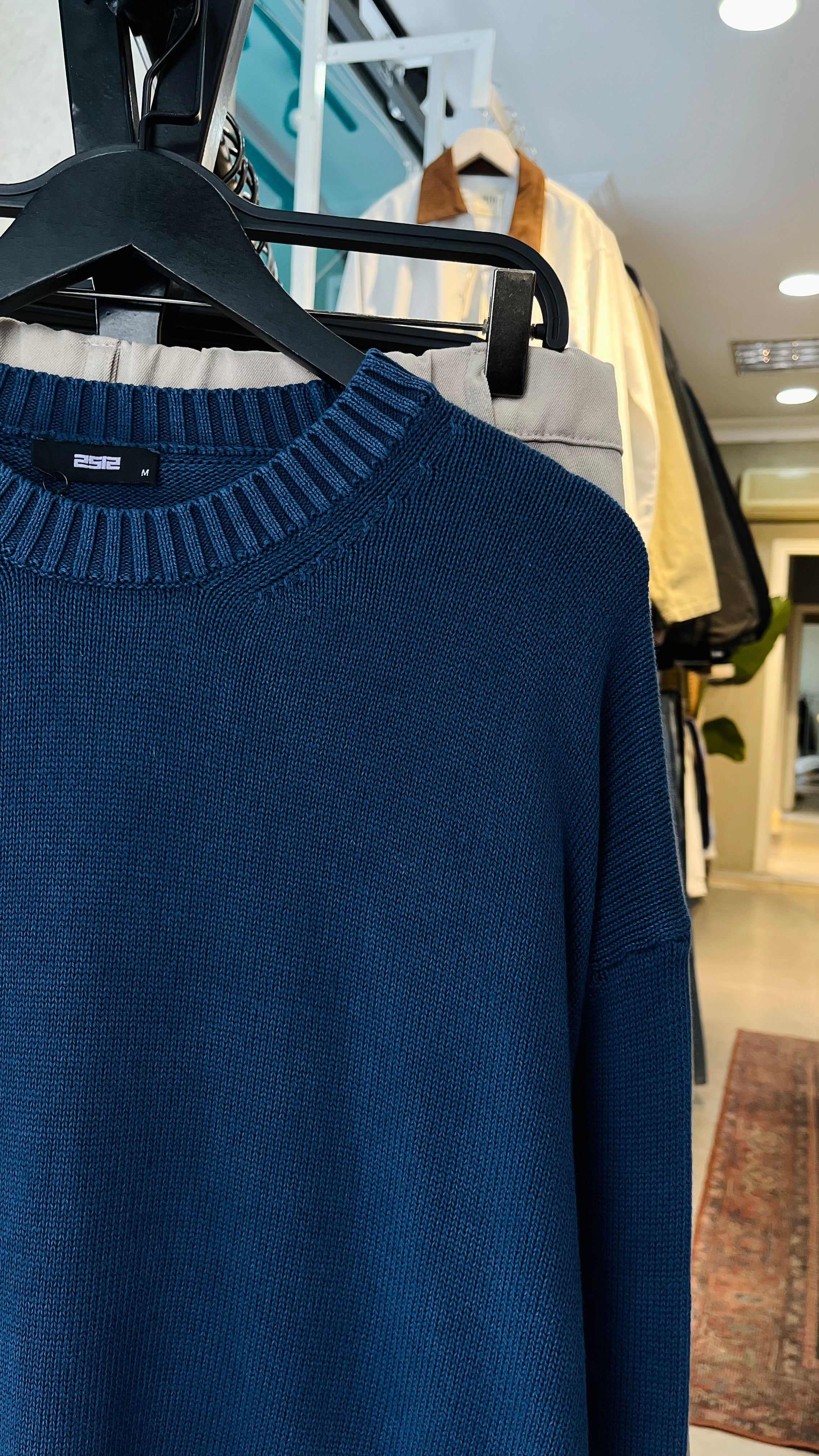 Oversize Yıkamalı Mavi Triko Kazak 7037