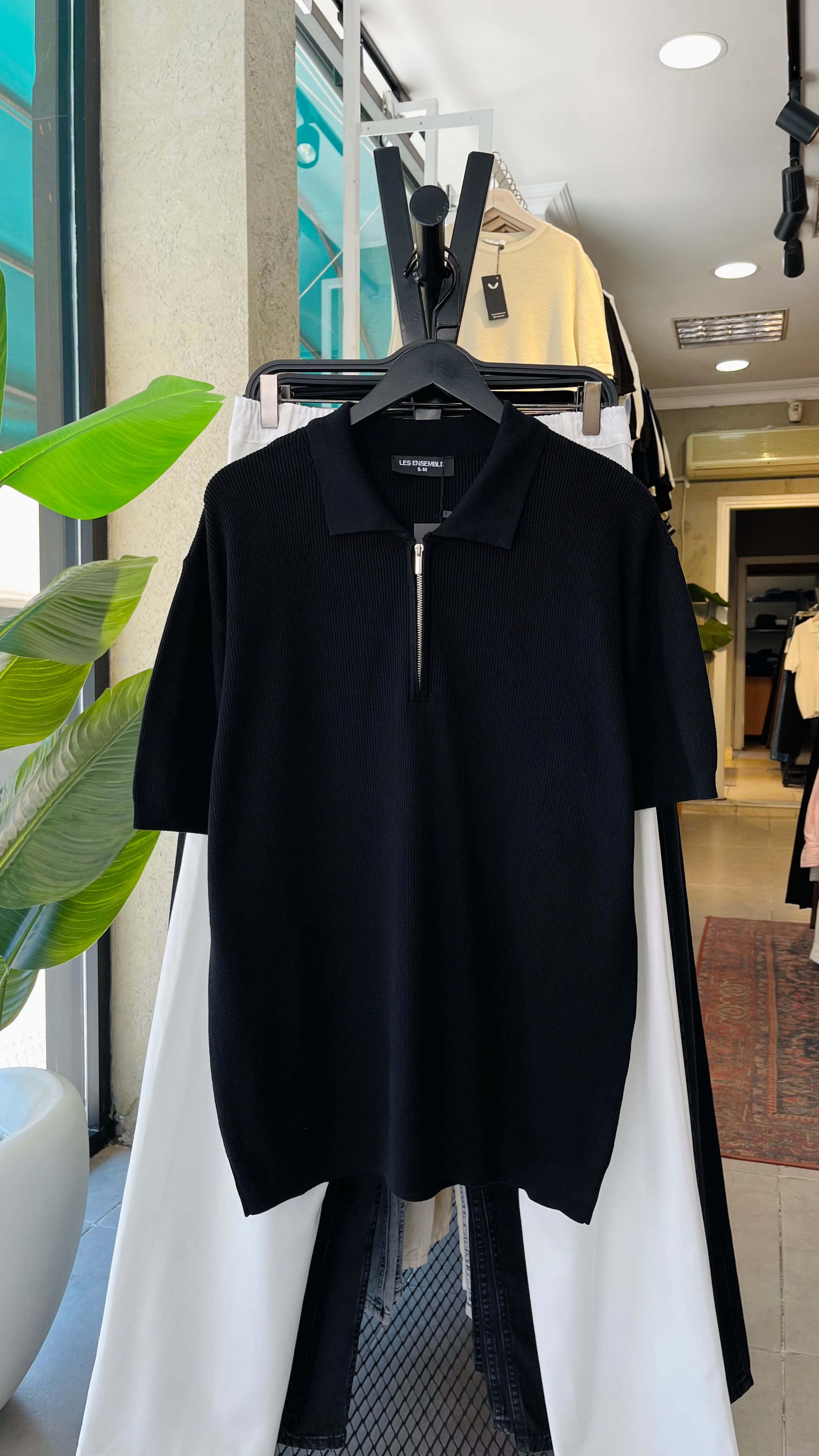 Oversize Yarım Fermuarlı Triko Siyah Tshirt 9428