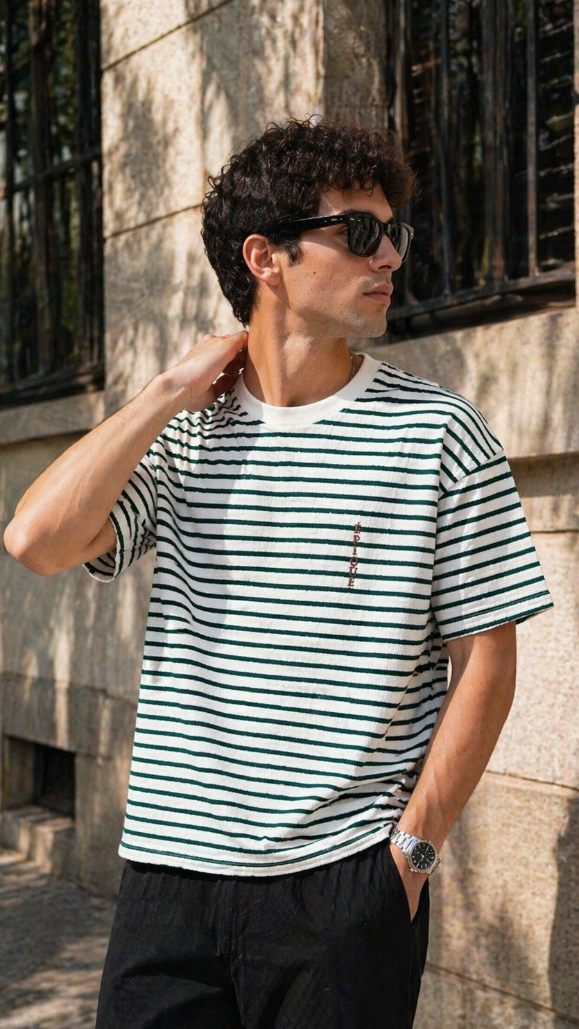 Oversize Beyaz Yeşil Çizgili Tshirt 9399