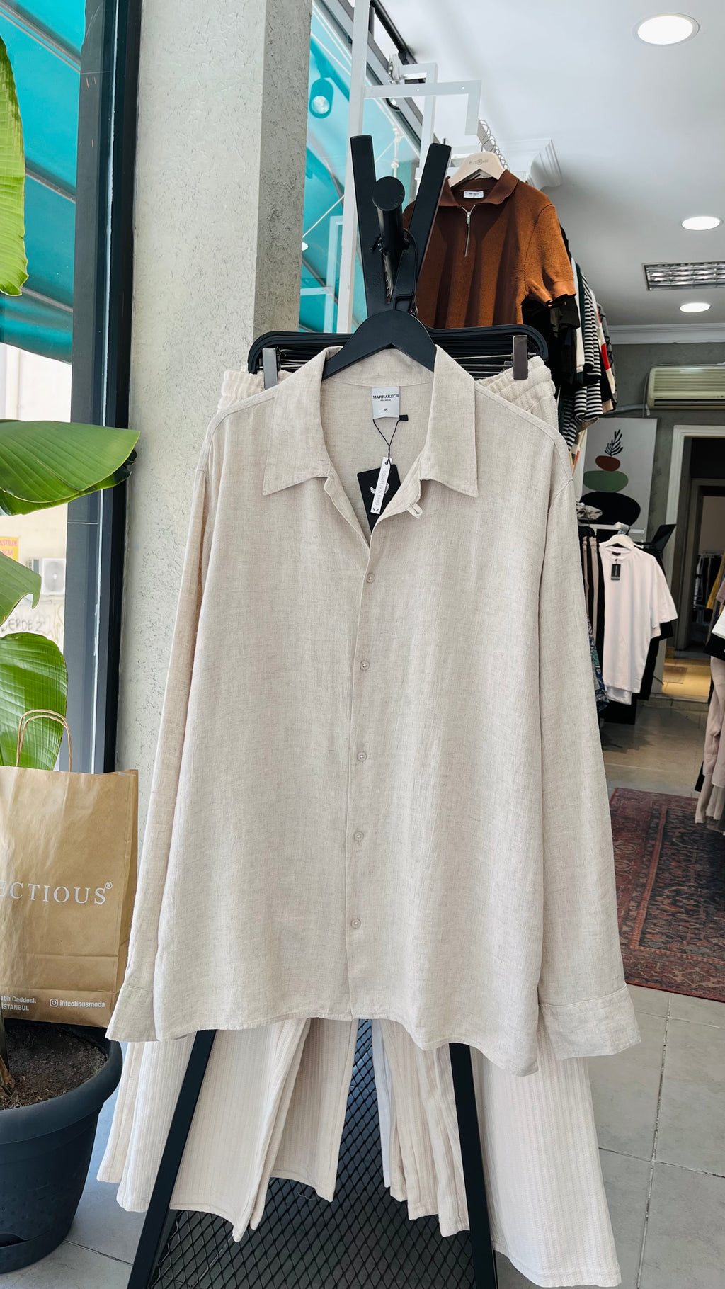 Oversize Uzun Kollu Viskon Keten Gömlek - Bej 5390